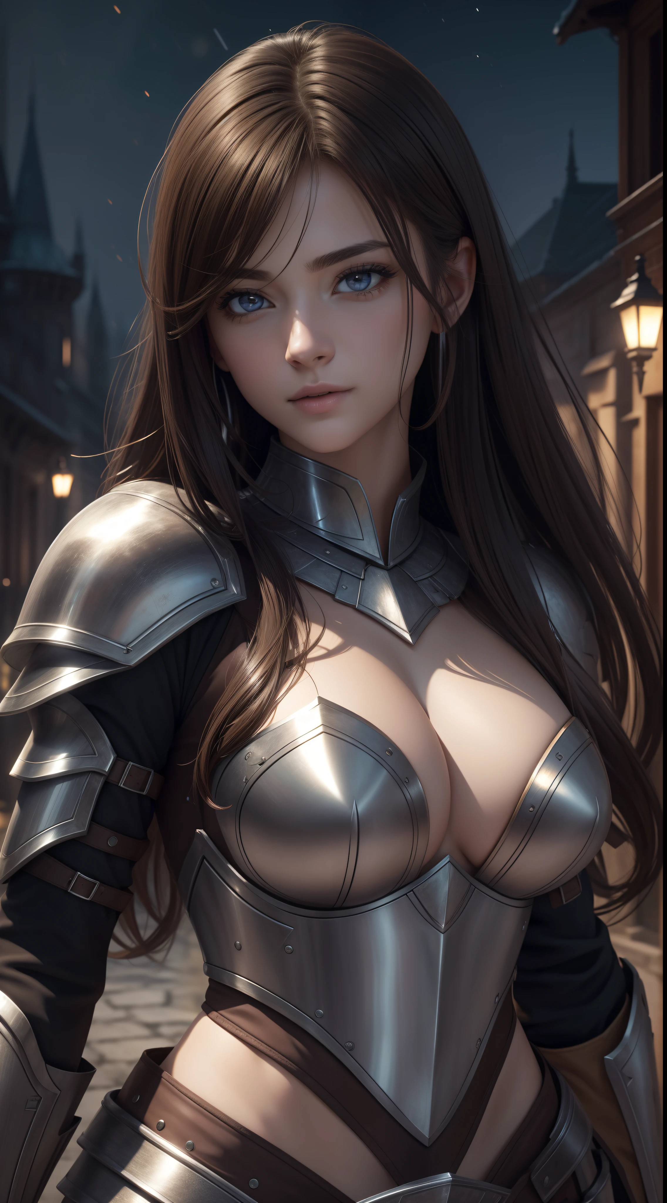 Realistic lighting, Top Quority, 8K Resolution, (masterpiece: 1.3), (Clear focus: 1.2),1 Girl, delicate face, big double eyelids, y expression, Body perfect anatomy, (perfect body: 1.6), (large chest 1.7), long and dark brown hair, (best chest: 1.8), armor, long knife, magia, exterior, (night: 1.1 ),1080p, hyper HD, textureskin, super detailed, best quality, high detail, highest quality.