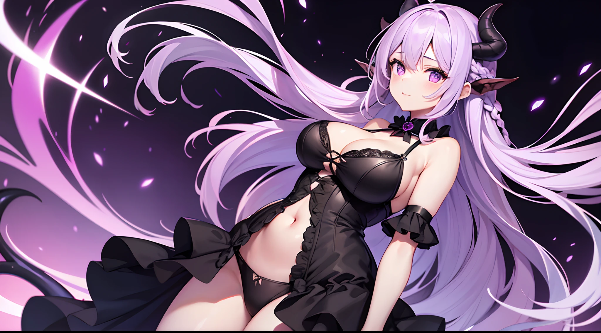 1 girl, game CG, black dress, cleavage visible, belly button visible, devil's tail, devil's horns, gigantic breasts, light purple hair, long hair, french braid, purple eyes, Halloween background,