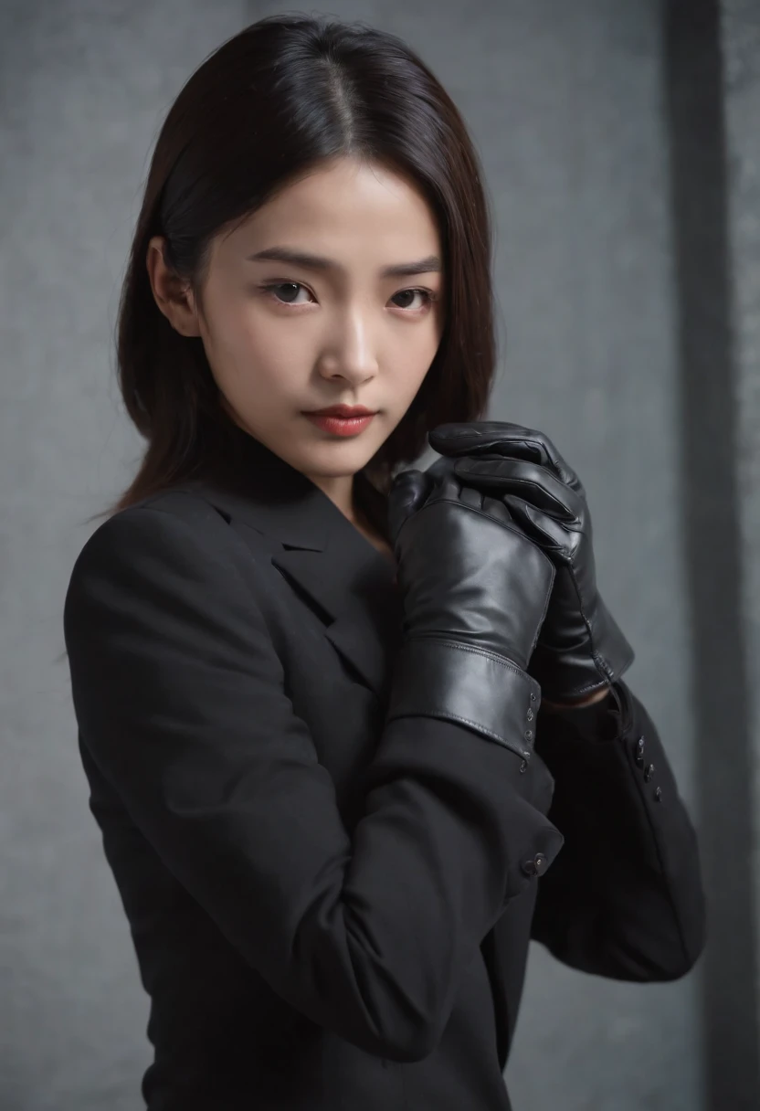 Black recruitment suit with black leather gloves on both hands, Young Japan woman reaching out to us with straight black hair bunched back from dark room