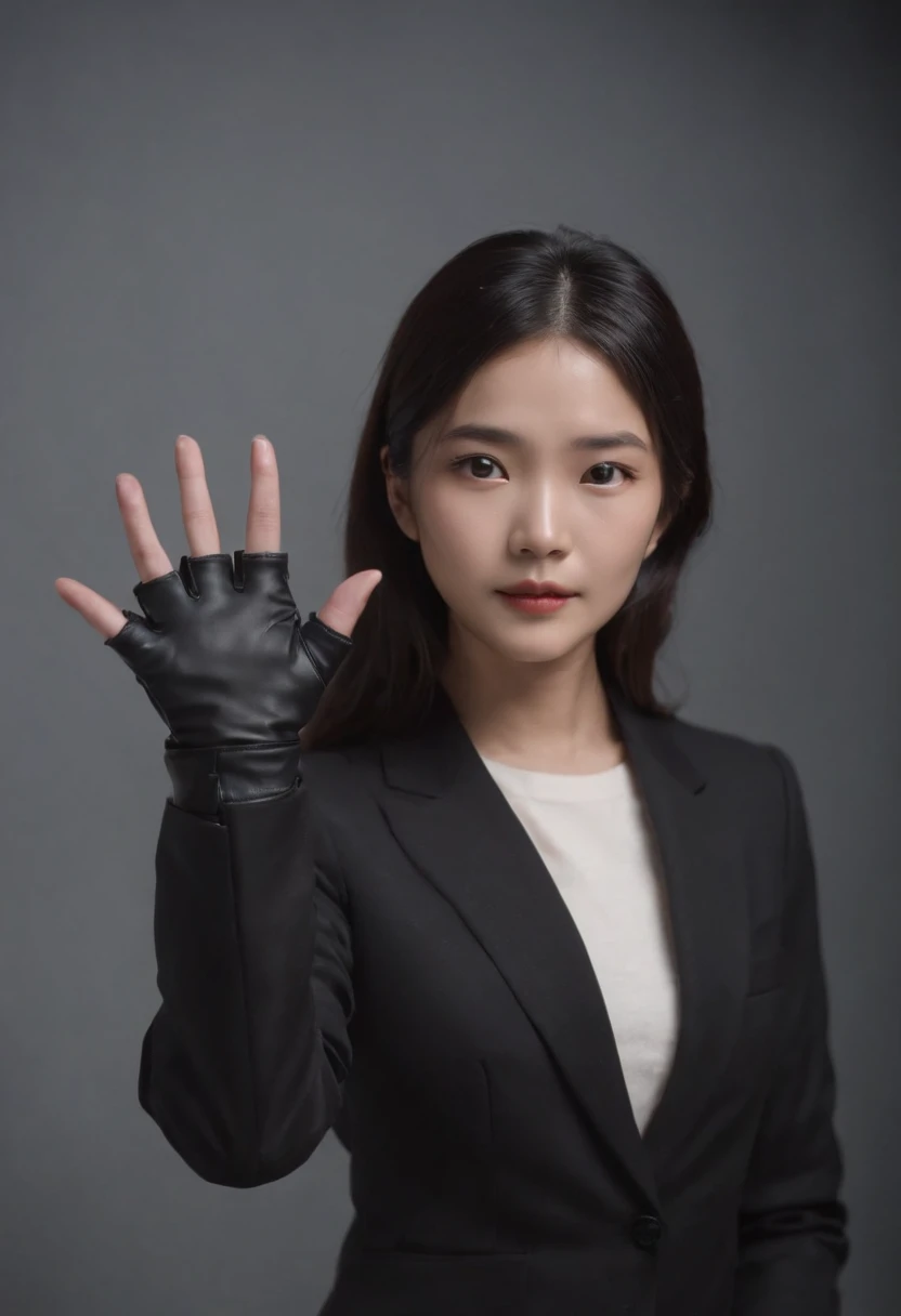 Black recruitment suit with black leather gloves on both hands, Young Japan woman reaching out to us with straight black hair bunched back from dark room