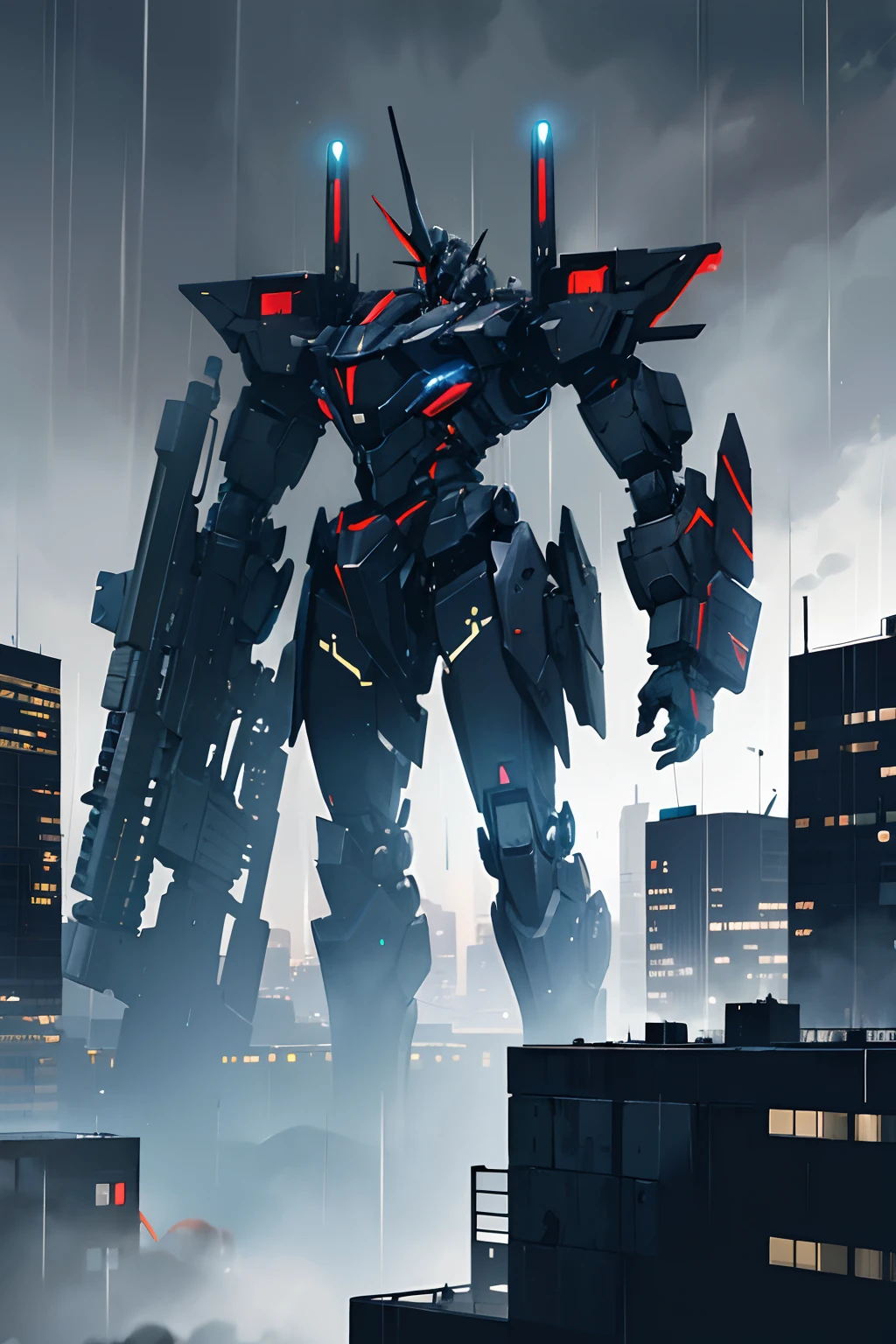 A close up of a giant robot standing in the rain - SeaArt AI