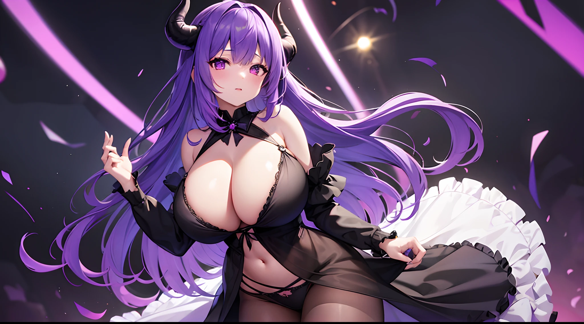1 girl, game CG, see-through black dress, cleavage visible, navel visible, black panties, devil's tail, devil's horns, gigantic breasts, light purple hair, long hair, french braid, purple eyes, Halloween background ,