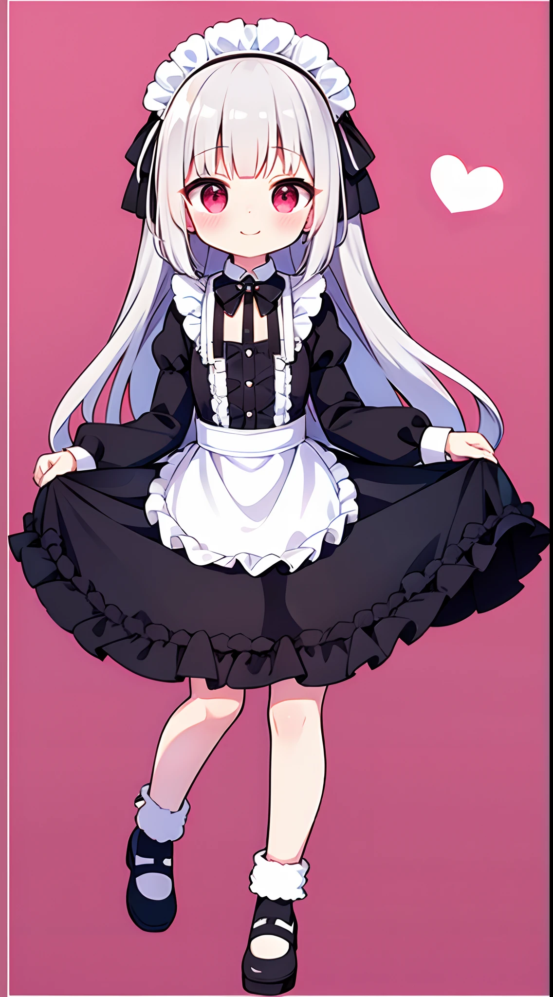 8K picture quality，silber hair,Red-eyed girl,cute little ,Long hair,Heartwarming,a miniskirt,****ta,A smile,Thumbnail styles，maid clothes，fluffly，full body Esbian,Embarrassed expression,pink sky background,is standing