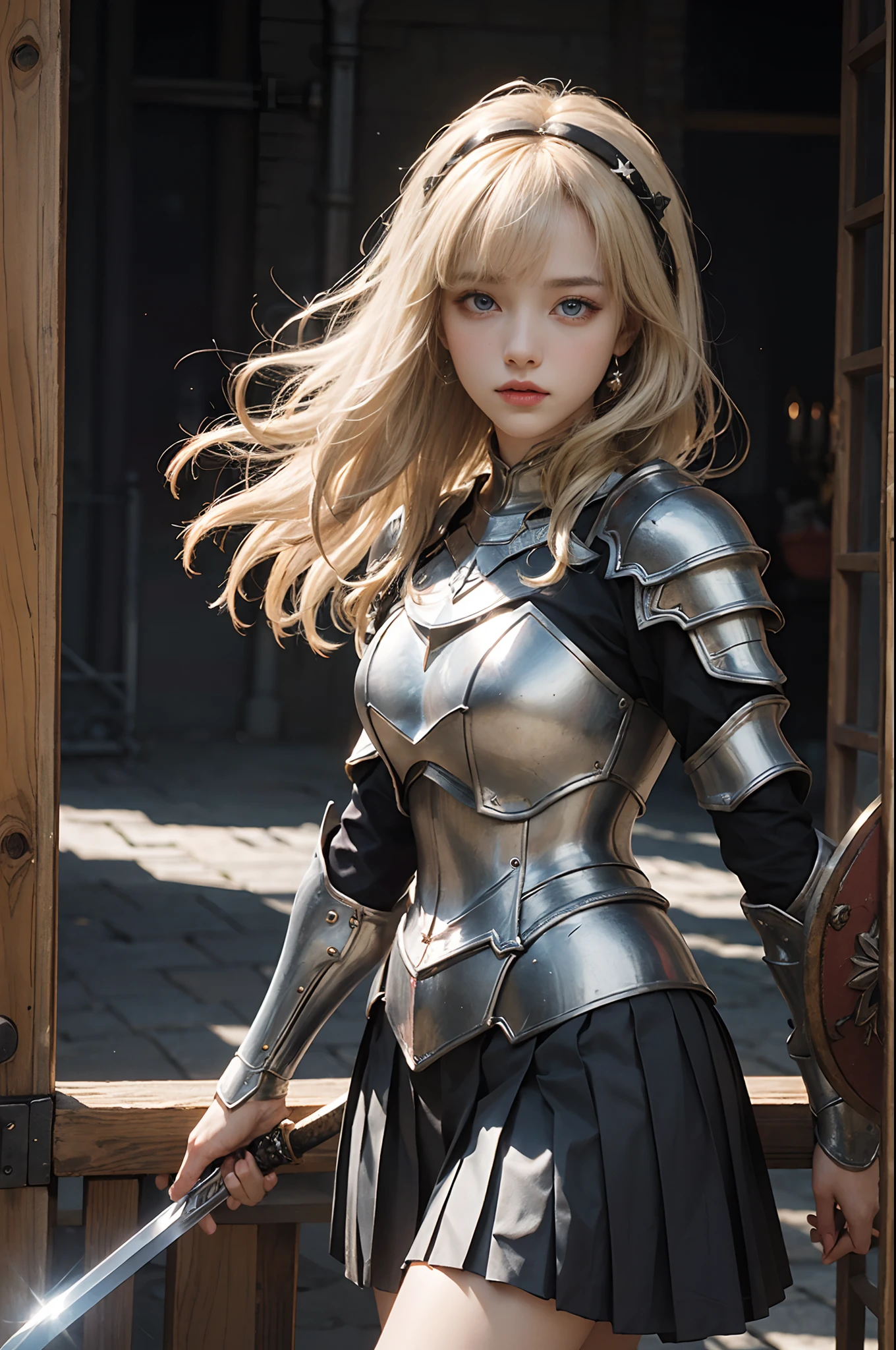 highest quality、16K high resolution、Super detailed、masterpiece、Live shooting、realistic:1.4、hyper realism:1.4、sharp focus、very delicate and beautiful、small details、1 female、(european:1.2)、(blonde warrior girl)、(spread your legs:1.3)、(showing panties:1.3)、(white panties:1.1)、 (sitting in on throne: 1.1)、(super beautiful)、(beautiful face:1.5)、(plate armor)、(detailed face)、(fine and beautiful eyes)、Perfect round eyes、(detailed lips)、Lipstick、(eyeliner)、mascara、eye shadow、(knight armor)、(blue pleated skirt: 1.1)、(steel breastplate 、steel gauntlet: 1.2),,, medieval fantasy, Dungeons and dragons, RPG character, At SFW