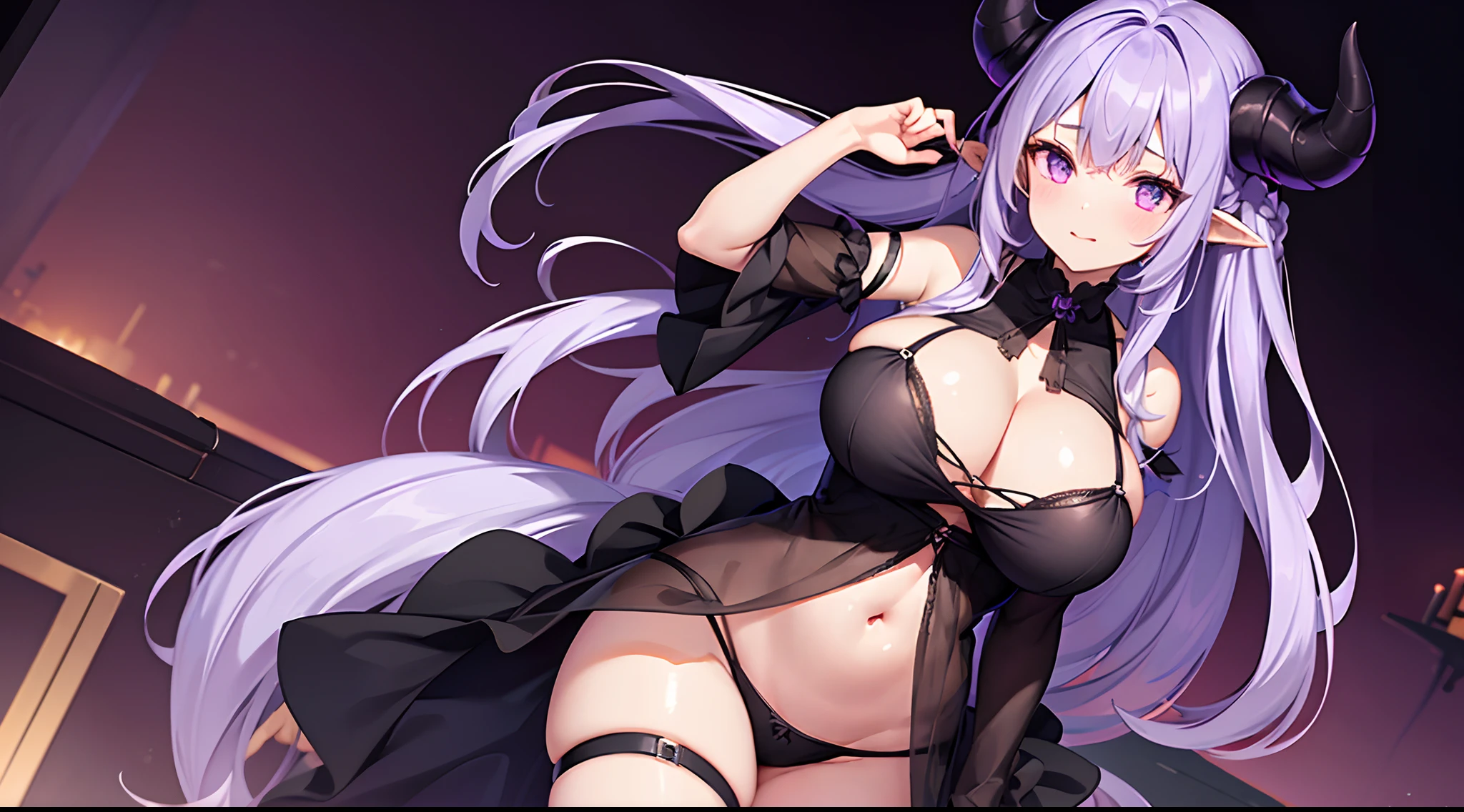 1 girl, game CG, see-through black dress, cleavage visible, navel visible, black panties, devil's tail, devil's horns, gigantic breasts, light purple hair, long hair, french braid, purple eyes, Halloween background ,