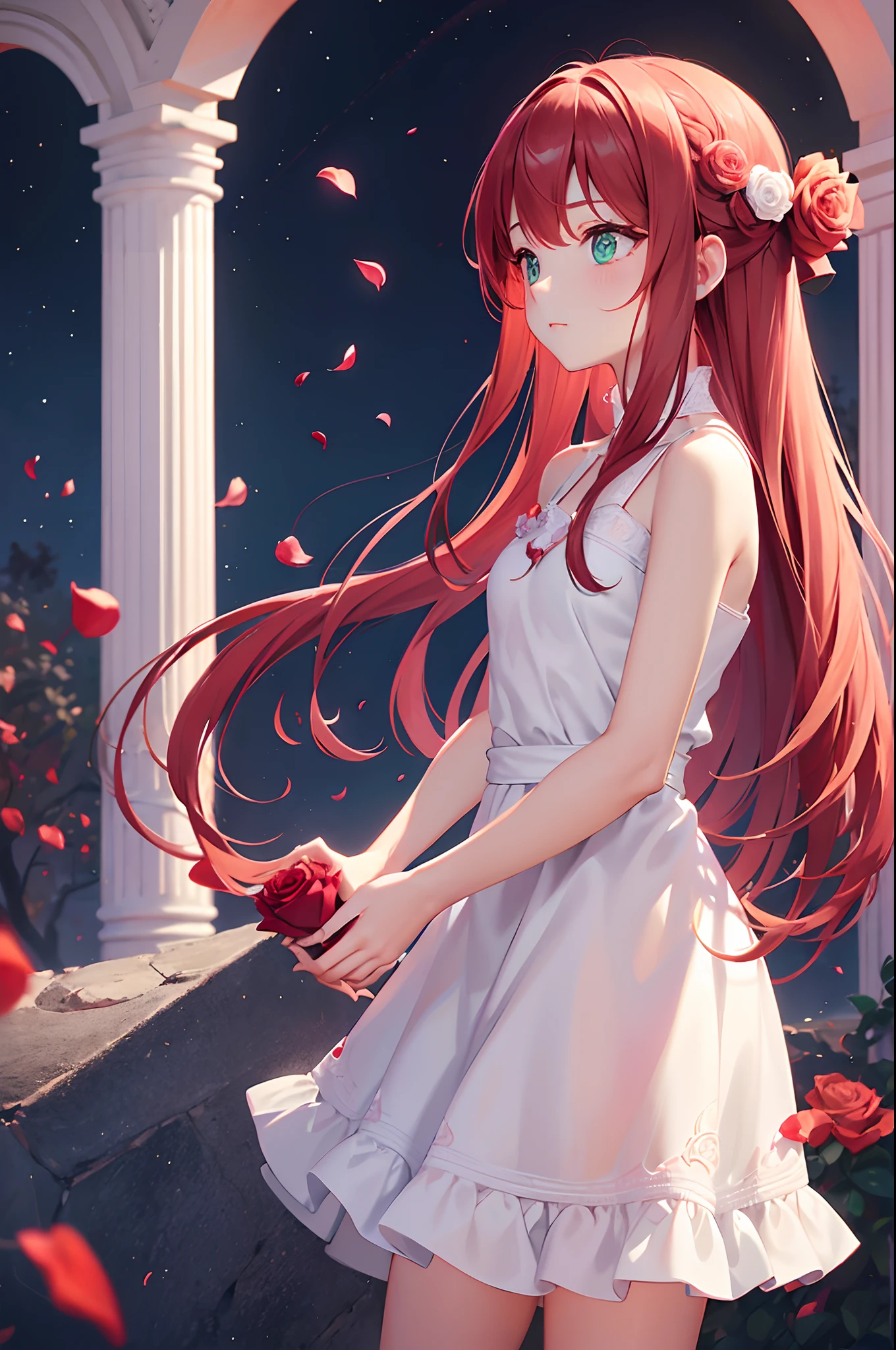 top-quality、Girl wearing dress made of rose petals、full bodyesbian、Angle from the side、is standing、Hold the rose in front of your chest with both hands、See the rose in your hand、Red wavy hair、bare shoulders、Wrap rose ivy around your arm、Big green eyes、Rose petals flutter、Arch of Roses