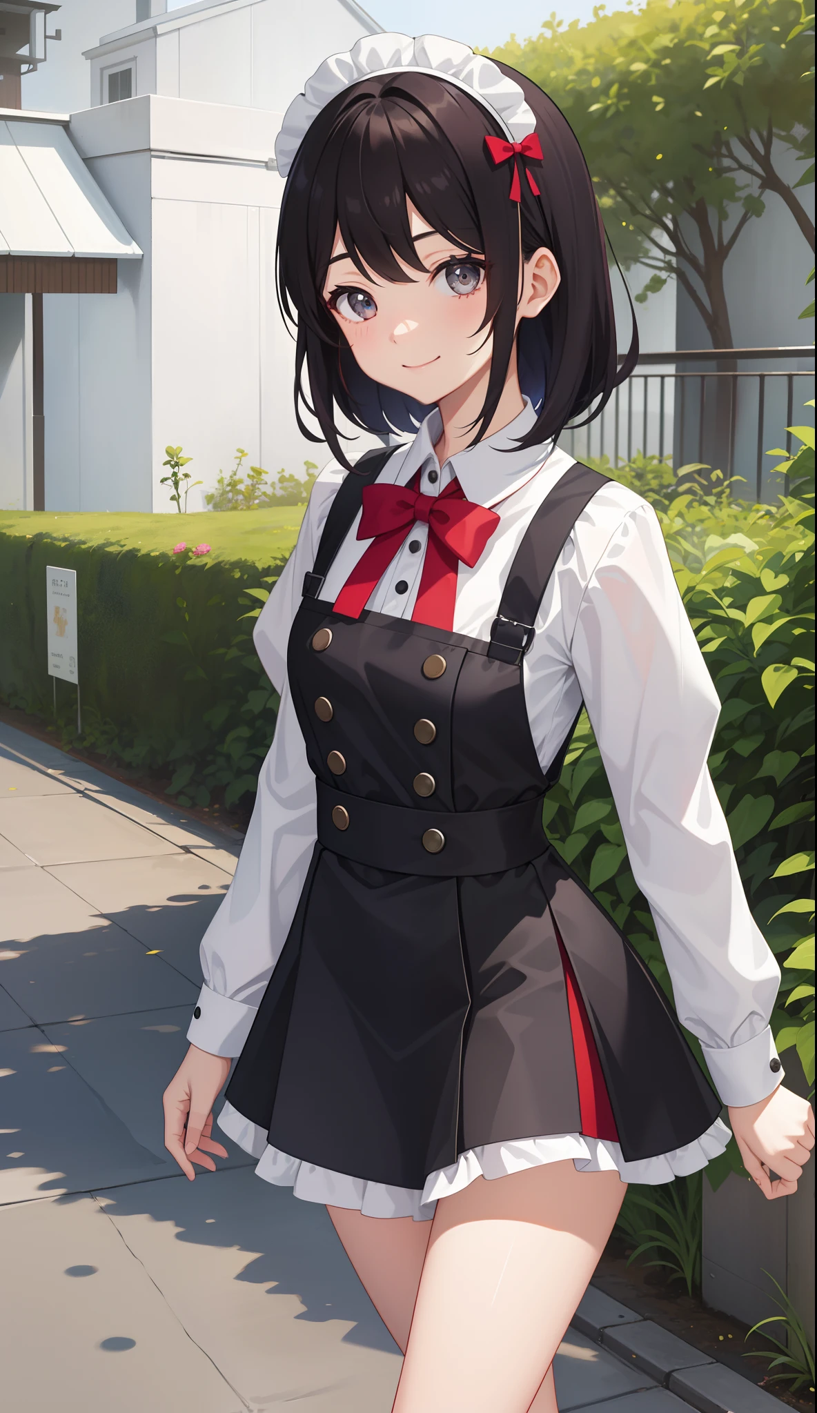 1girl in、AS-Adult、A smile、The shirt、Mini skirt、pantiy、(small tits)、doress、pinafore、Hair decoration、(Maid costume)、Walking with a thigh、Upper body portrait、
