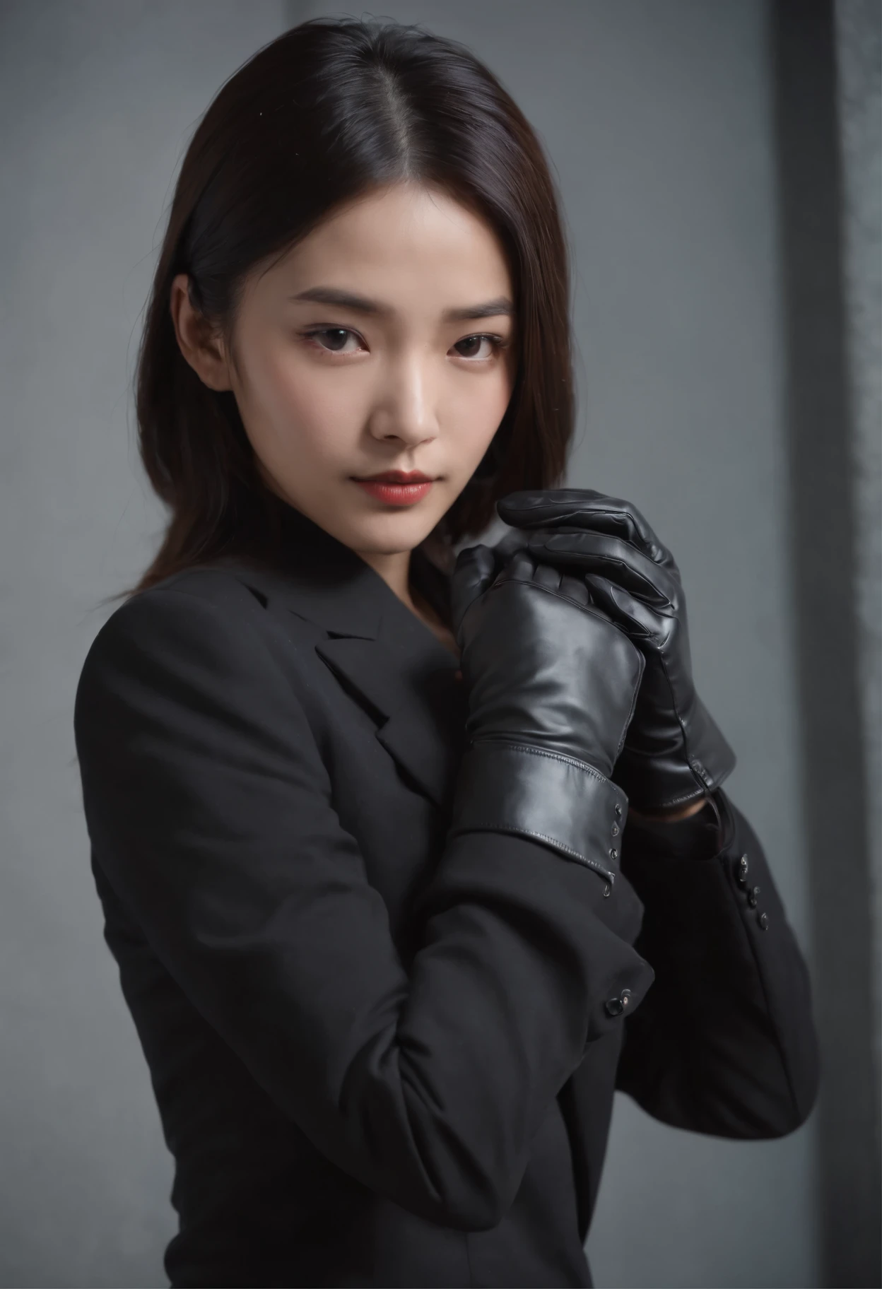 Black recruitment suit with black leather gloves on both hands, Young Japan woman reaching out to us with straight black hair bunched back from dark room