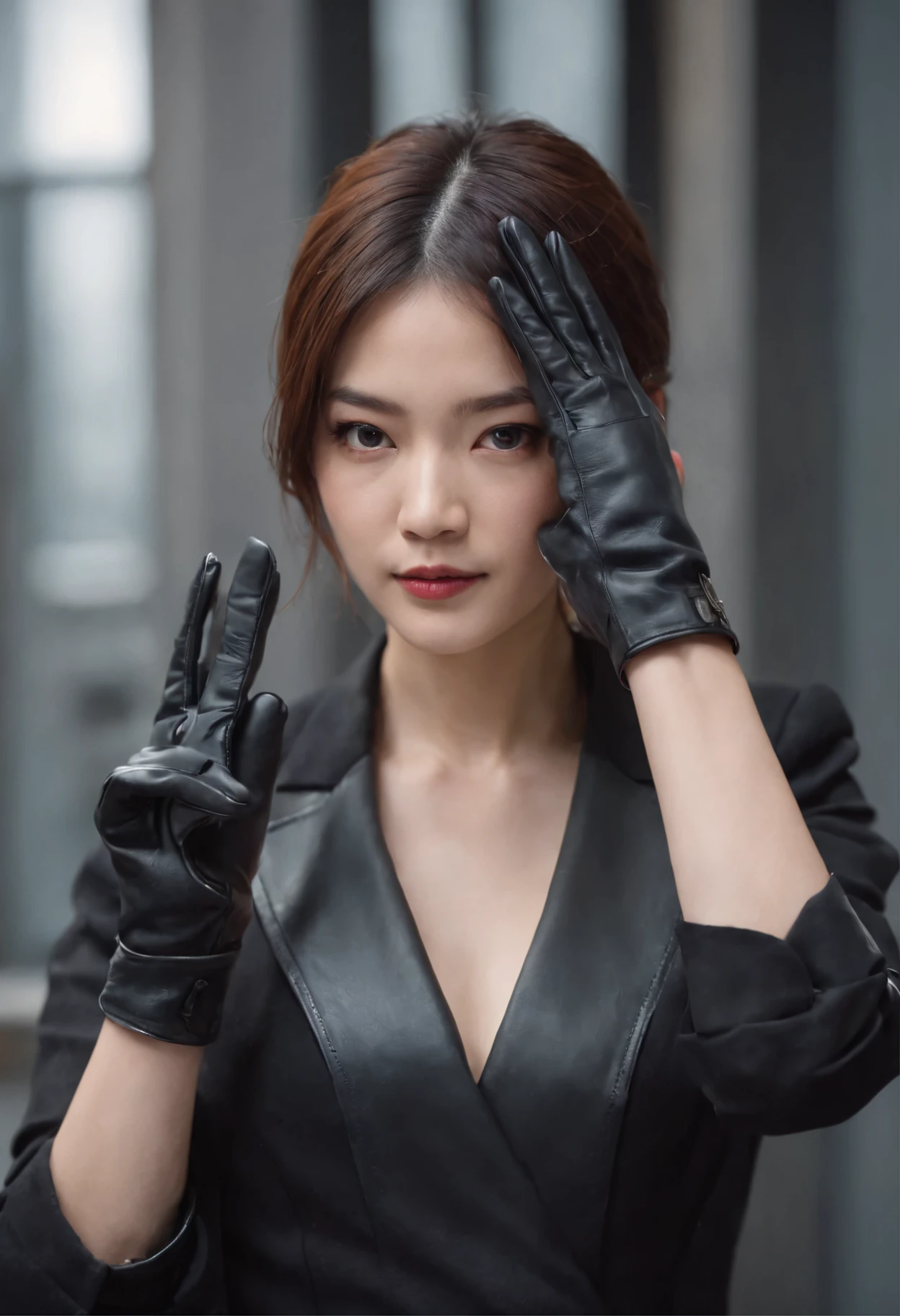 Japan girl in black suit holding gun with two hands in black leather gloves