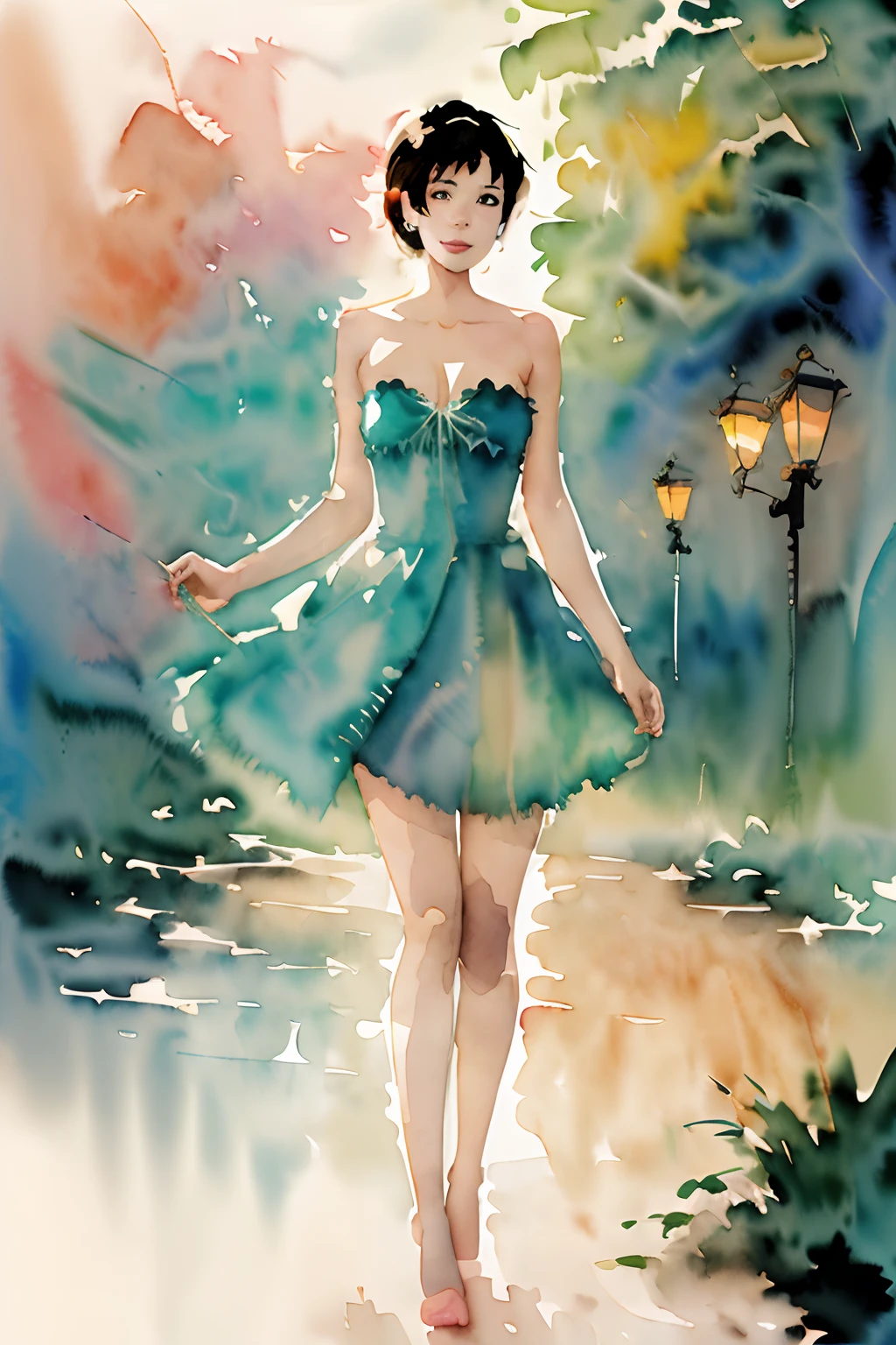 ((( pascal campion style watercolor ))) 8k beautiful woman drawing (( designer strapless dress)) cluttered studio, glamorous (( suzanna aye ))