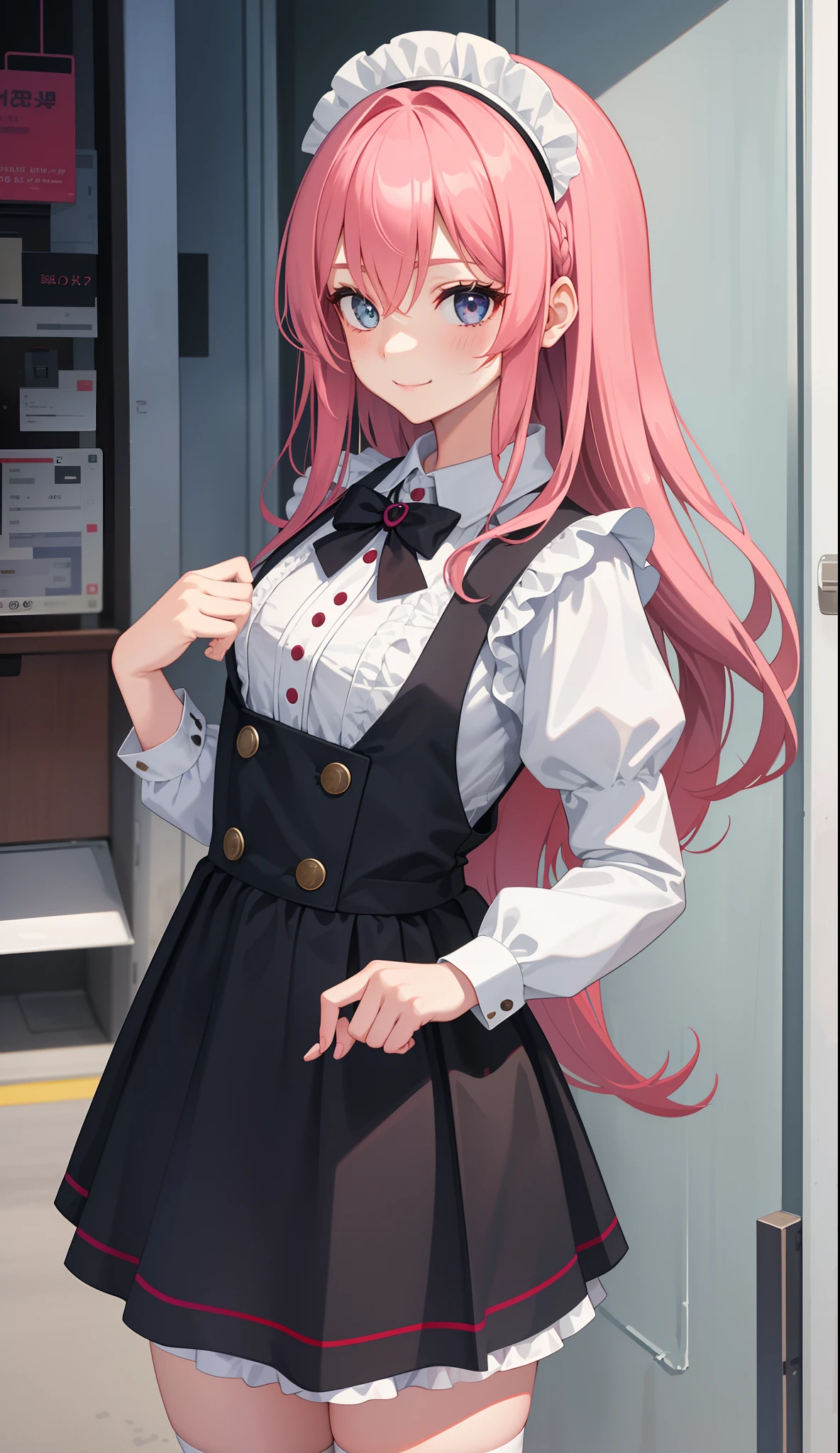 1girl in、AS-Adult、A smile、The shirt、Mini skirt、pantiy、(small tits)、doress、pinafore、Hair decoration、(Maid costume)、Walking with a thigh、Upper body portrait、