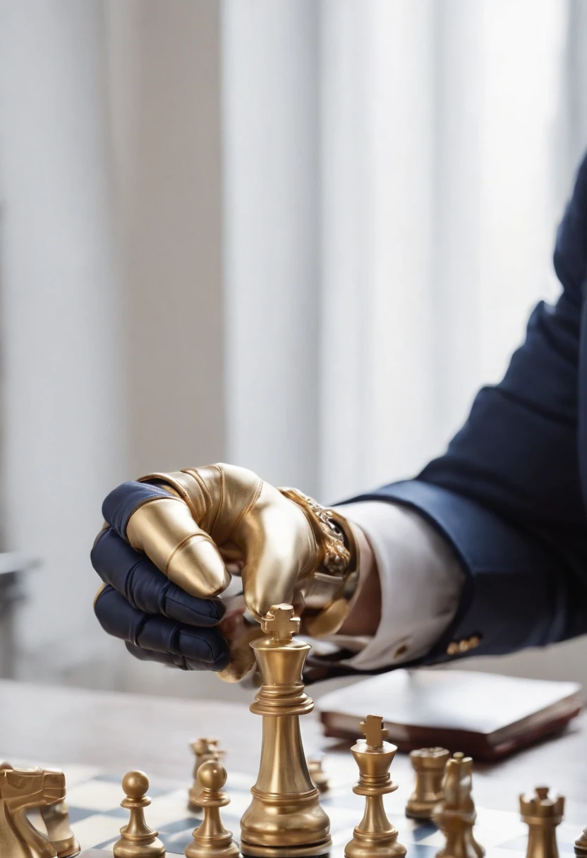 Pointing to a chess piece, a woman's hand with a gold button and a shirt is a white navy blue blazer sleeve and a black leather glove.