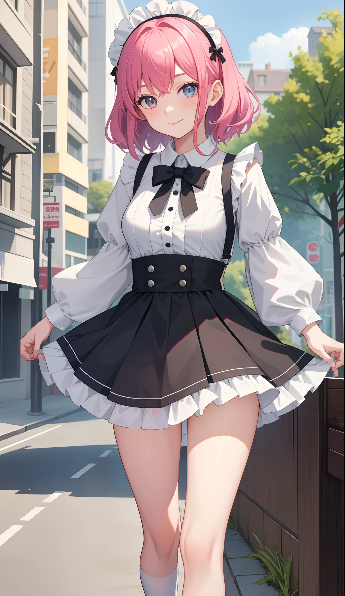 1girl in、AS-Adult、A smile、The shirt、Mini skirt、pantiy、（small tits）、doress、pinafore、Hair decoration、（Maid costume）、Walking with a thigh、Upper body portrait、