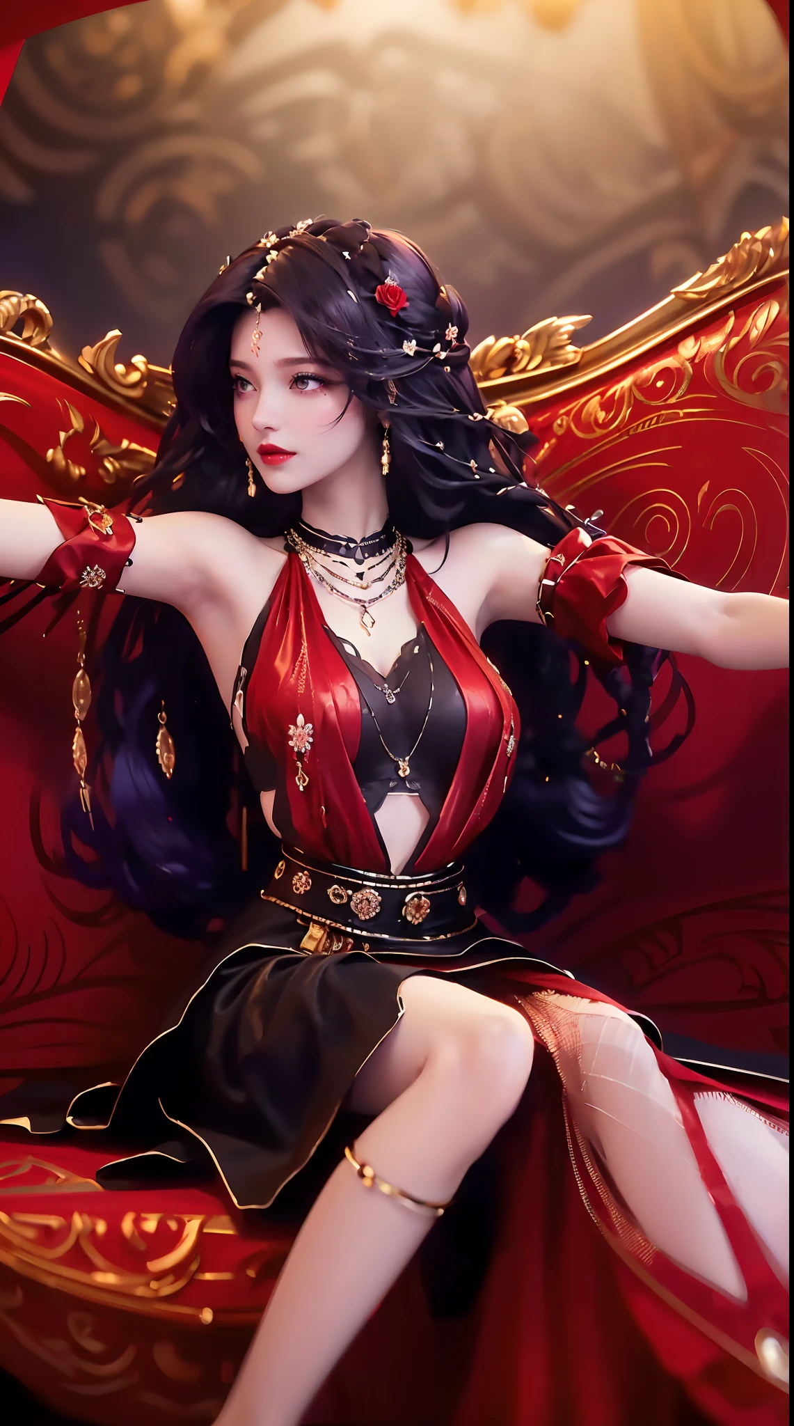 1 beautiful and sexy 20 year old girl, ((Wearing an ultra-thin red dress:1.6)), Diamond dress, ((Long black purple hair:1.6)), bangs, Jewelry made of gemstones and beautiful hair, ((Wear a black lace necklace:1.4))), Noble, The noble demeanor of a very beautiful girl, Her little face is super cute, Her face is beautiful, Thin eyebrows, flawless and beautiful face, ((black eye pupil: 0.8)), verybeautifuleyes, ((Black eyes: 1.6)), Beautiful makeup and hair detailed eyelashes, Hot eye makeup, High nose, Earrings, Red lips, ((Closed mouth: 1;5 )) Beautiful lips, Slim hands, The most beautiful thighs, ((Spread your arms to the sides: 1.5) ), Rosy face, Clean face, flawless and beautiful face, Smooth white skin, (Big breasts: 1.5)), ((high breasts: 1.6) ), Big taut breasts, The beautiful, (((and super rounded: 1.8))), ((Ultra-tight breasts: 1.7)) , Beautiful breasts, Perfect body, back arms, Chest out, Black thin mesh stockings,Black lace trim, (((Sitting position, Lean back,Leaning your arms behind you:1.5))), ((Chest up position: 1.5)), Don't be shy, 8k photograph, Super high quality, Super realistic, More than 10x pixels, lightwave, Bright Studio, Bright edges, twotonelighting, (High-detail skin:1.2), Super 8K, Soft lighting, High quality, voluminetric lighting, Photorealistic, Realistic high resolution, lighting, best photos, 4K, 8K quality, blurry effect, Smooth and sharp, 10 x pixels, ((Red flower background:1.5)), aurora, Lightning, Ultra-realistic graphics, The most realistic graphics, Alone, Solo, Extremely sharp images, Surreal, (((Frontal portrait: 1.6))).",((((high-heels))))