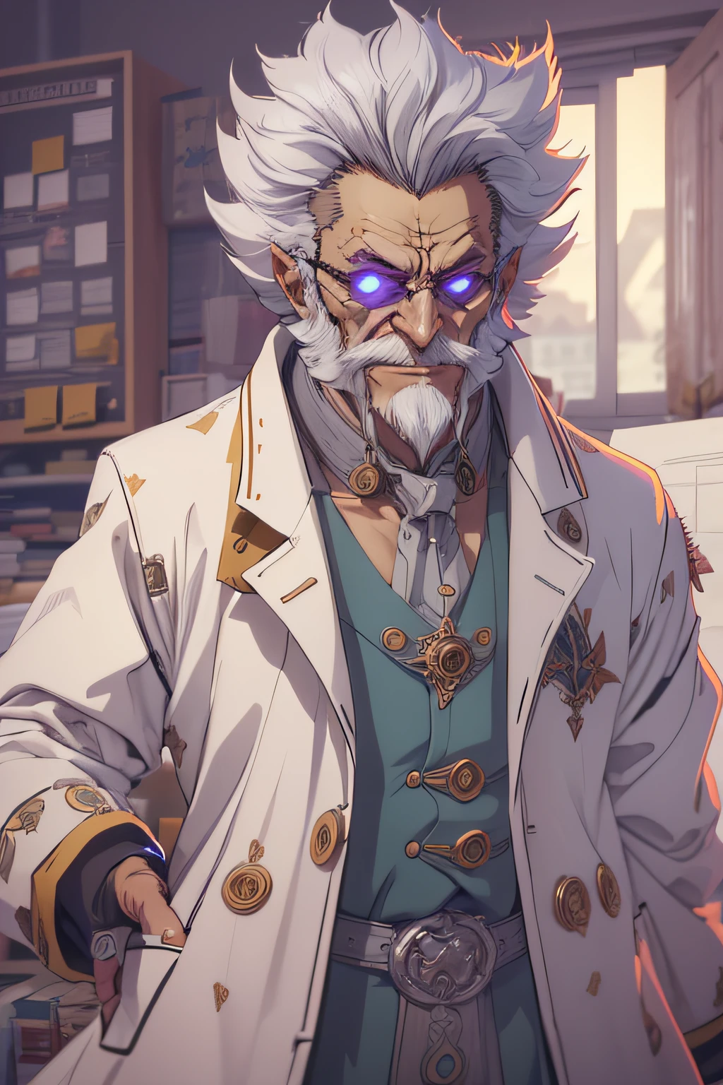 old character wearing a scientist's outfit, he creates evil anime-style villains, with lots of details, unique characteristics, designer, powerful and intelligent