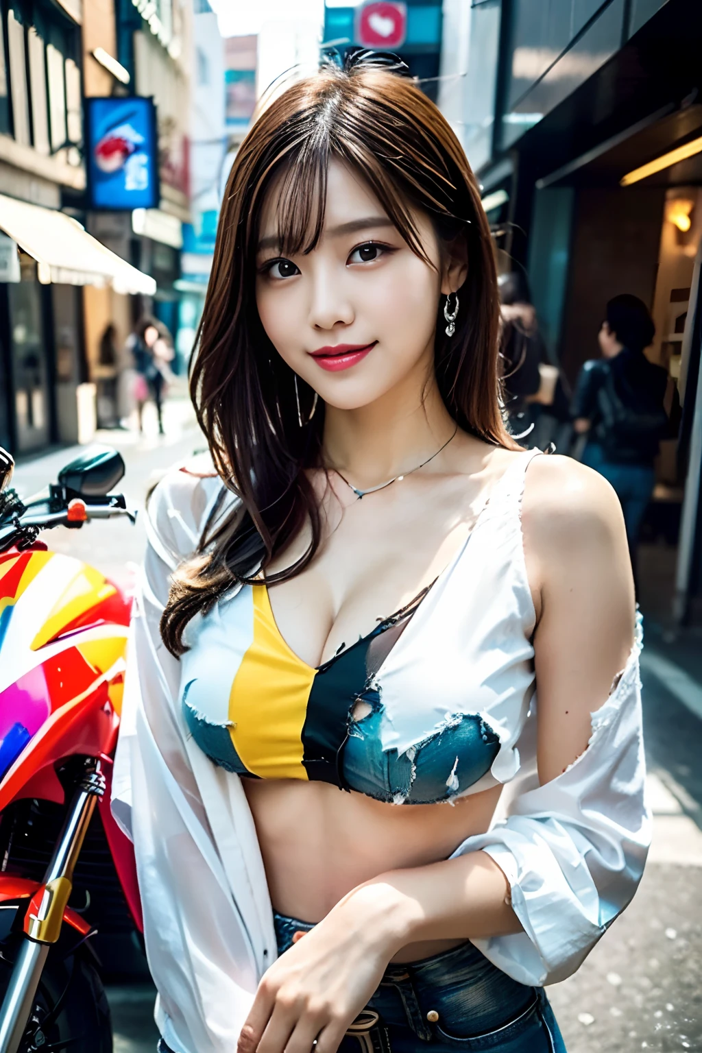 (White shirt emphasizing torn chest:1.3),(Torn and tattered damaged jeans:1.3),large full breasts,piercings,a necklace,(Sheer and revealing costumes:1.3, ),(Girl riding colorful custom painted motorcycle through futuristic city:1.3), Glossy light brown and orange striped shorthair,Cute smile,Perfect round face,A cheerful smile that makes the viewer happy,Proper body proportion,masutepiece,Super high-quality output images,hight resolution,Intricate details,Very delicate and beautiful hair,photos realistic,Dreamy,Professional Lighting,realistic shadow,Solo Focus,Beautiful hands,Beautiful fingers,Detailed finger features,detailed clothes features,Detailed hair features,detailed facial features,