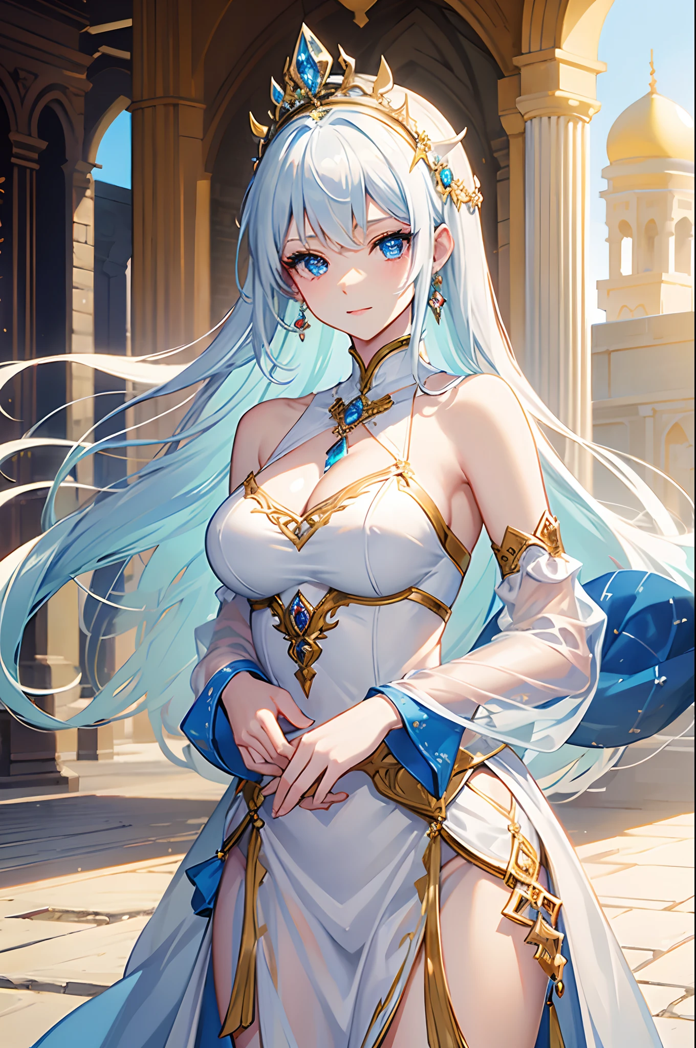 masterpiece, highlydetailed, ultra-detailed, solo, (1girl), (pale skin), icyblue eyes, frosty white hair, cool Chara, flat face, young lady, lady chara, medium boobs, cold face, goddess, kuudere girl, (Arabian background), (desert), (cool expression), (Arabian gorgeous clothes), (smile:0.9), (harem pants), (tube top), (shawl), (headpiece), (jewelry), (princess), (elegant), (beautiful), (half body)