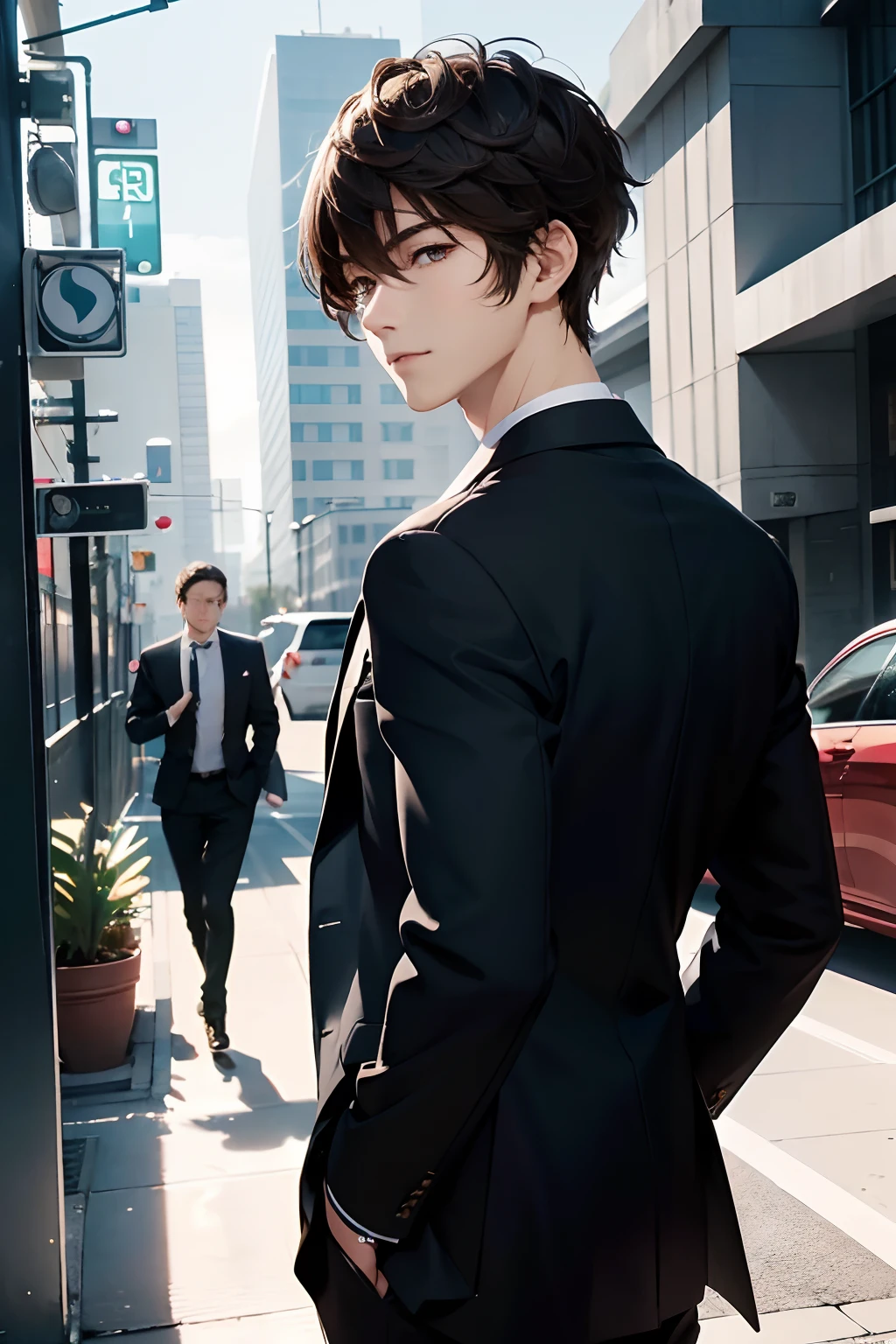 Official art, Unity 8k Wallpapers, ultra-detailliert, masterpiece, top-quality, 1 male, (ighly detailed),(Raw photography、top-quality)、(realisitic、Photorealsitic:1.3)、high-detail、Ultra-detailed complex 3D rendering of faces、(highlydetailed skin:1.2)、dynamic ungle, Mystical expression, Fireglow effect, profetional lighting, side lights, ciinematic light, 超A high resolution, 8K , film grains,Best Shadows, Particles of light, detailed skin textures, A detailed face, intricate-detail, ultra-detailliert, with light glowing, strong con, Looking back、Full body, tennis coat、beauitful face、blurry backround、Beautiful 18 year old boy、shinny skin、Twin-tailed、beautiful brown hair、Wearing a black business suit、A slight smil、