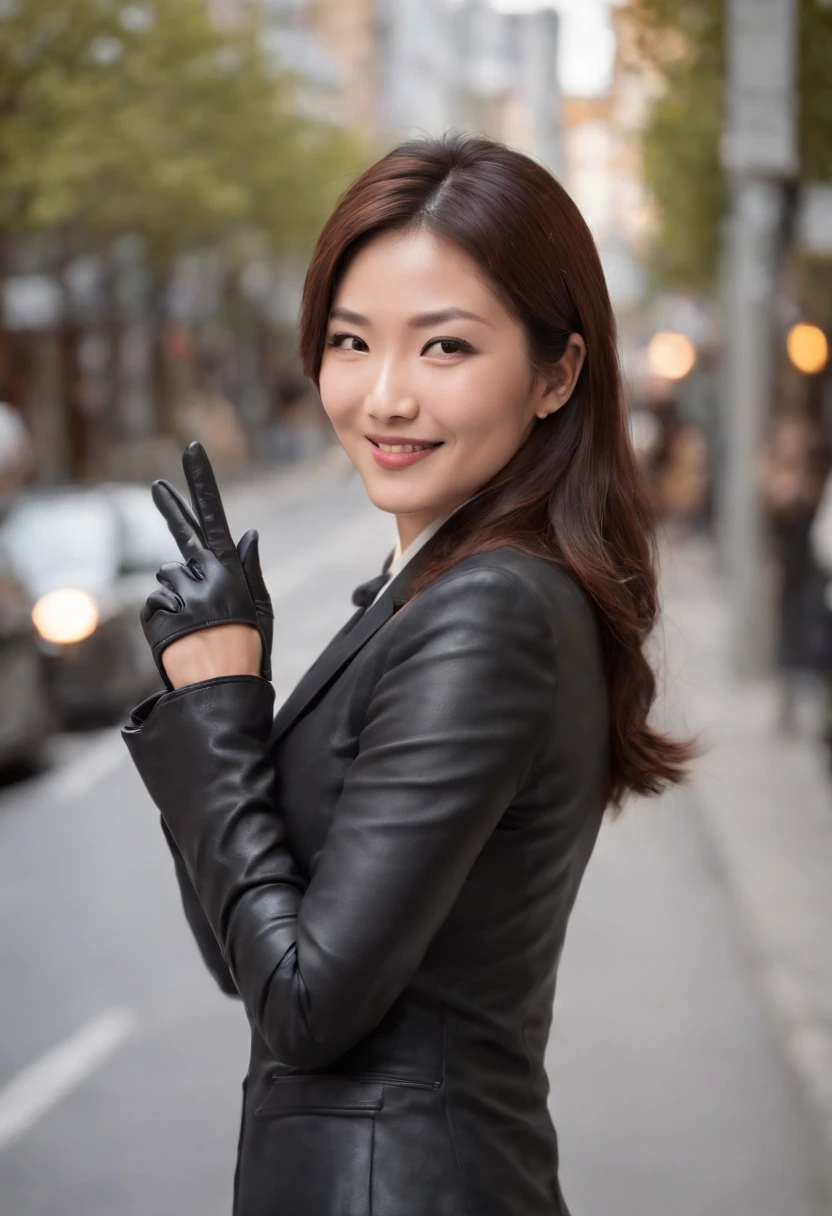 Black leather gloves in both hands, blazer and ribbon uniform, black hair ponytail, upper body, conversation with a smile with a black smartphone, cute Japanese girl (black leather gloves covering both hands) traveling alone