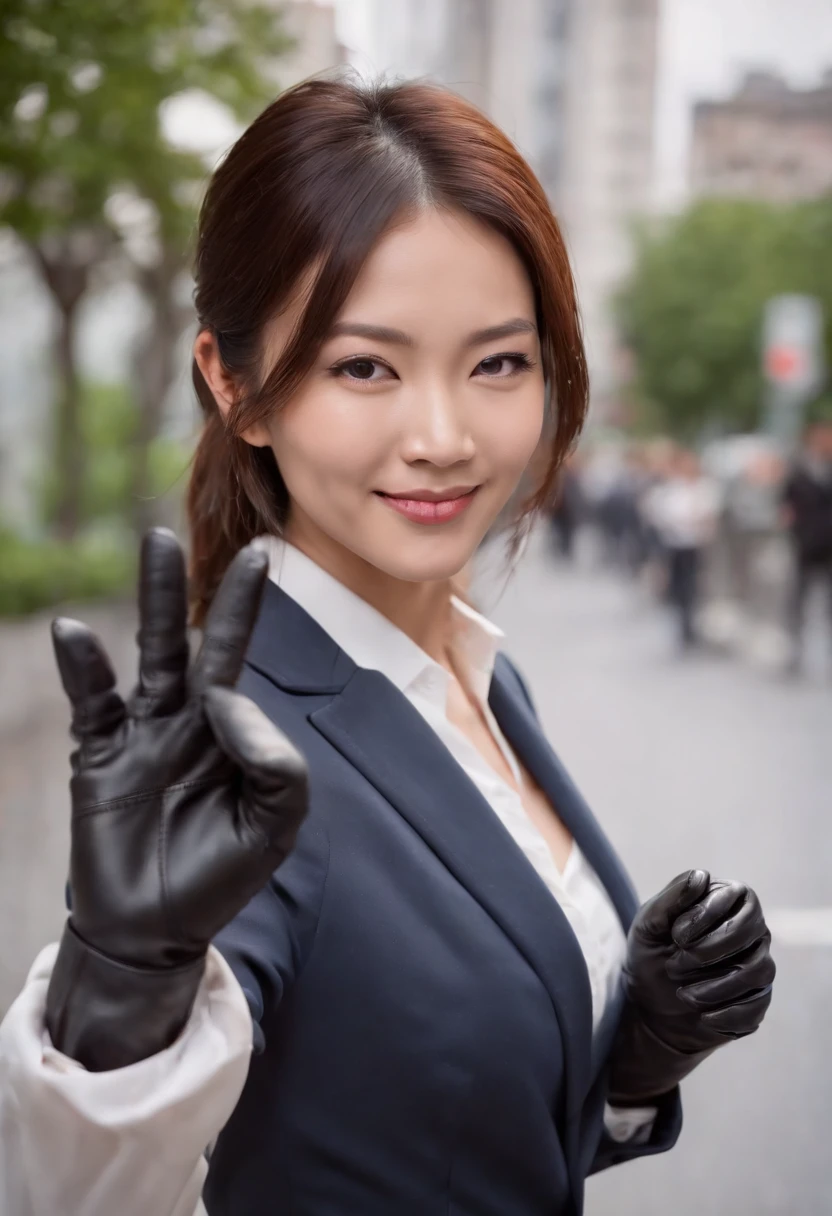 Japanese female newscaster in a sexy suit and black leather gloves, pointing the microphone at me with a smile on the street