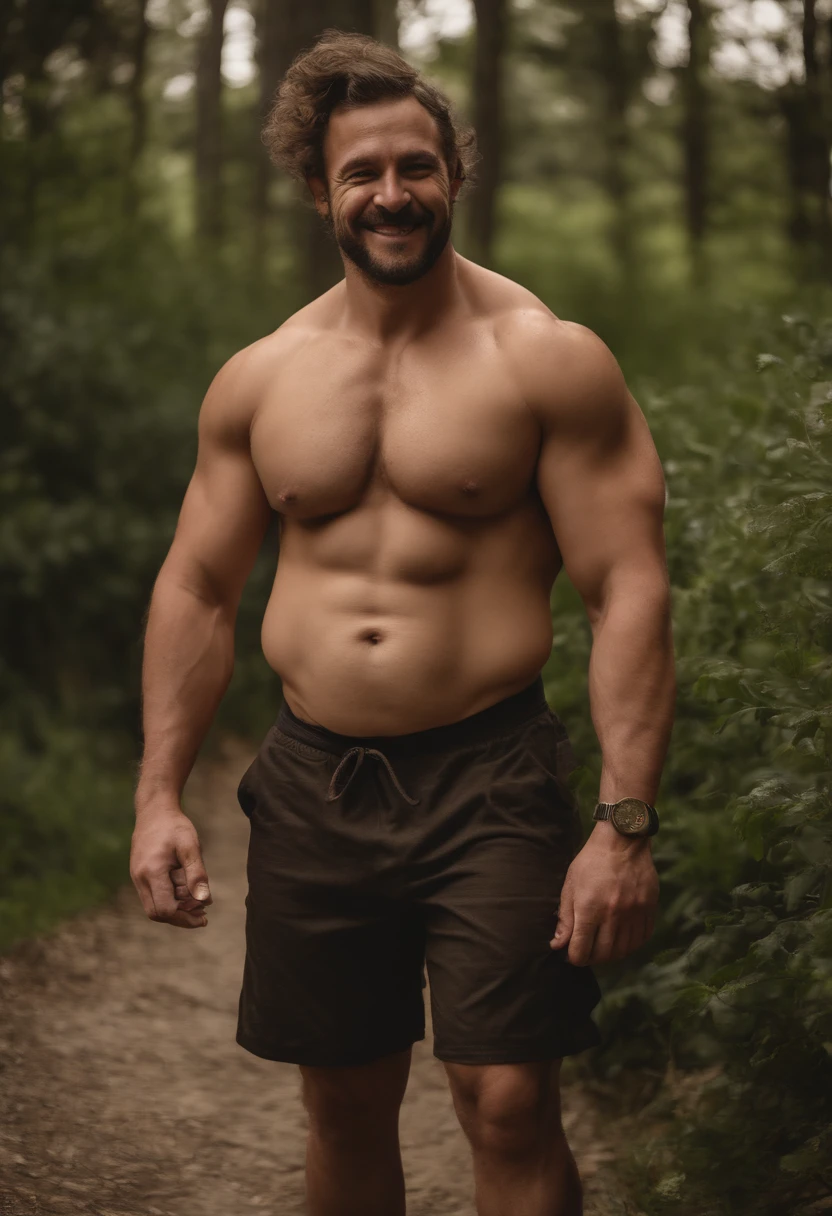 arafed man smiling, dad bod, hairy body, robust stocky body, stocky, strong fat bacchanalian body, strongman, thicc, beefy, absurdly massive physique, a powerlifter, buff man, sweaty body, fat ripped body, thicc build, facial hair, short and curly hair, thicc thighs, huge thighs massive ass, long cock, erect cock, one cock, big nipples