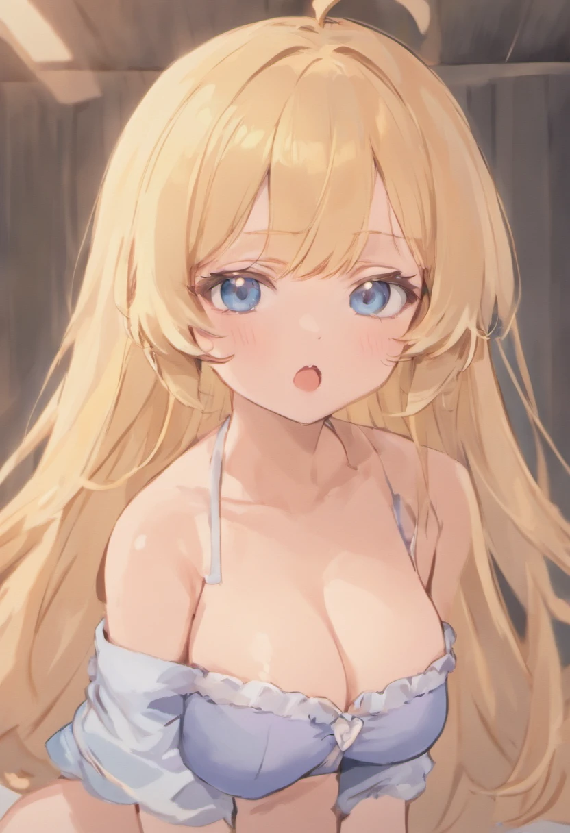 (masterpiece), best quality, expressive eyes, perfect face, masterpiece, ultra high resolution, light smile, long hair, 4'11, petite, thin, moe anime girl, silky golden blonde, hair flowing freely back, pale skin, big blue eyes, long and curled eyelashes, cute rosy cheeks, pink lips, delicate, pretty appearance, perfect, huge, squishy yet firm, round, perky anime-like boobs, youthful charm, face, oppai, no body fat, kawaii, shortstack, well-detailed eyes, anatomically correct, cute, cutesy, crossed eyes, rolling eyes, protruding tongue, hanging tongue, ahegao face, heart pupils