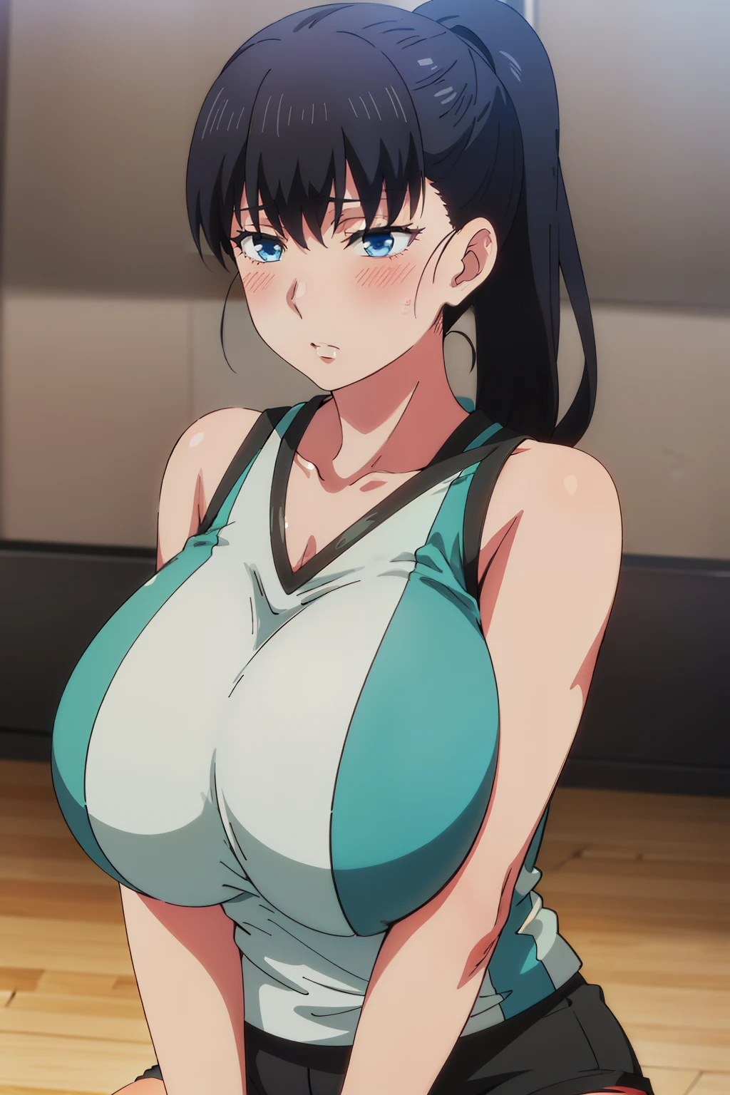 best quality, high resolution, bare shoulders,Green_sportswear,sleeveless,collarbone,Black_Shorts, Black_Hair,blue eyes,ponytail,bangs,long hair ,(huge breasts:1.2), blush, indoors