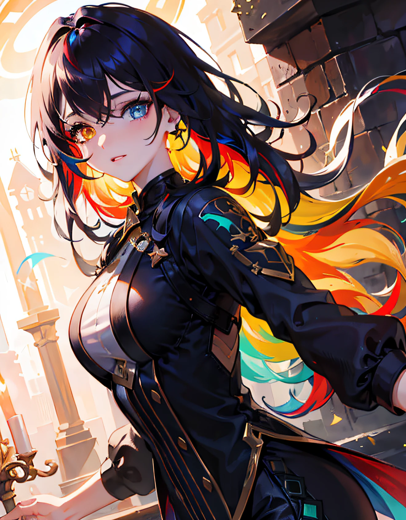 {{masterpiece}}, best quality, extremely detailed CG unity 8k wallpaper, cinematic lighting, lens flare, beautiful detail eyes, black, side glance, multicolor hair, colorful light, particles, heterochromia, (colorful:1.5), (colorful hair:1.5),