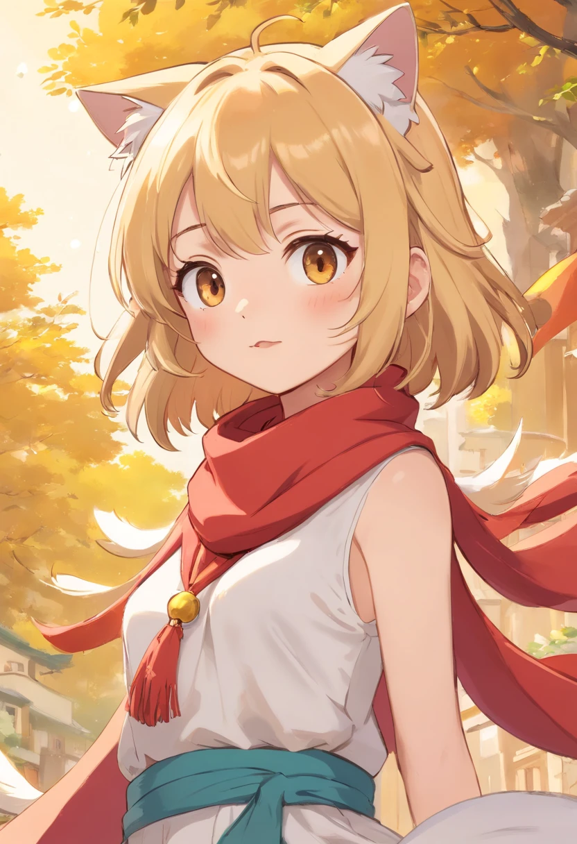 1人の女の子, Little Angel, piel morena, pelo rulo, cuerpo delgado. Vestimenta blanca, top blanco con detalles dorados, bare belly and collarbone, falda larga por debajo de las rodillas, cuerda dorada amarrando la cintura, Red scarf at the waist centered, corona de espigas doradas, 5 espigas. Chibi cat mouth, cara feliz, colorete en las mejillas. Fondo simple, Image style concept arts or character design.
