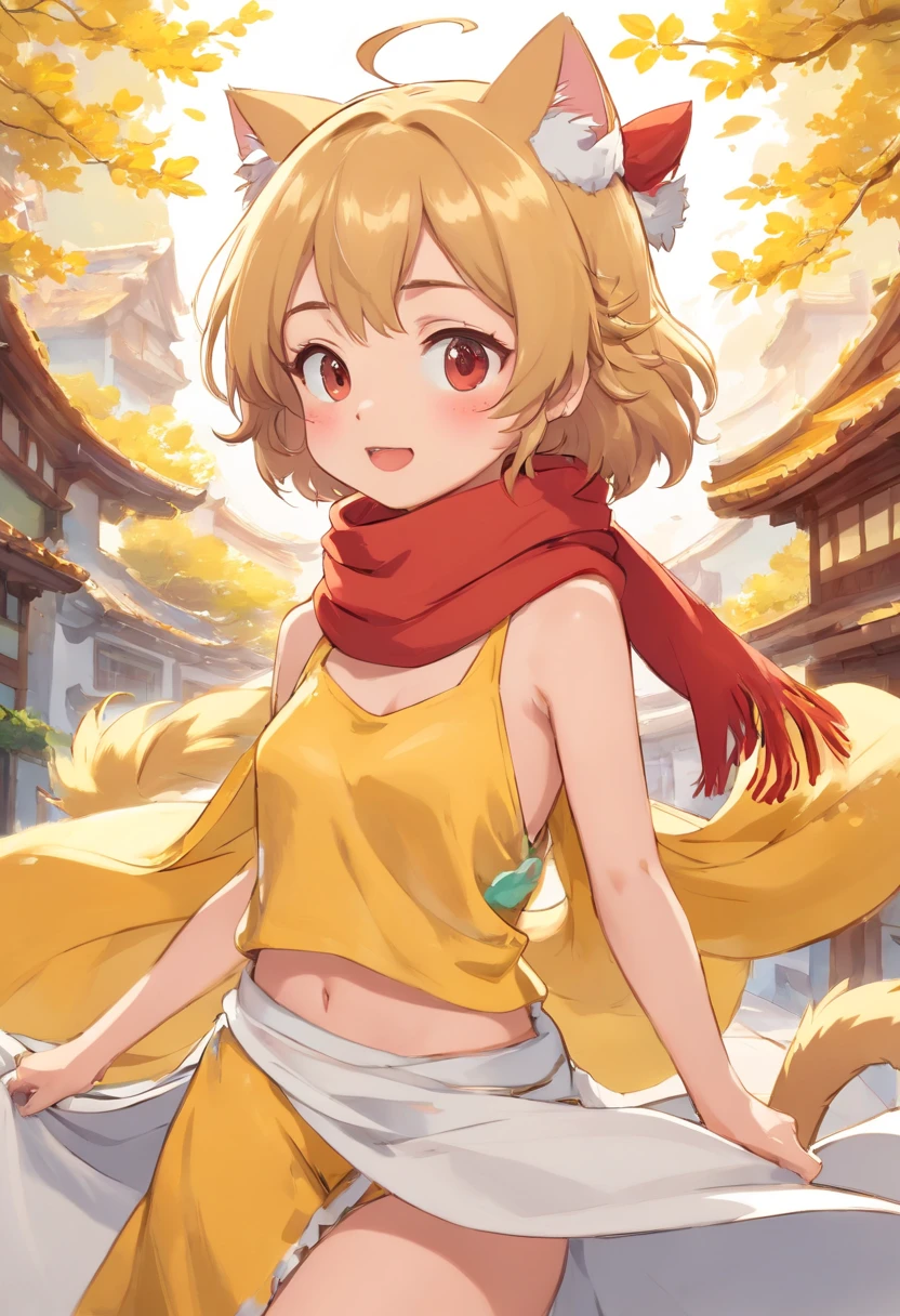 1人の女の子, Little Angel, piel morena, pelo rulo, cuerpo delgado. Vestimenta blanca, top blanco con detalles dorados, bare belly and collarbone, falda larga por debajo de las rodillas, cuerda dorada amarrando la cintura, Red scarf at the waist centered, corona de espigas doradas, 5 espigas. Chibi cat mouth, cara feliz, colorete en las mejillas. Fondo simple, Image style concept arts or character design.