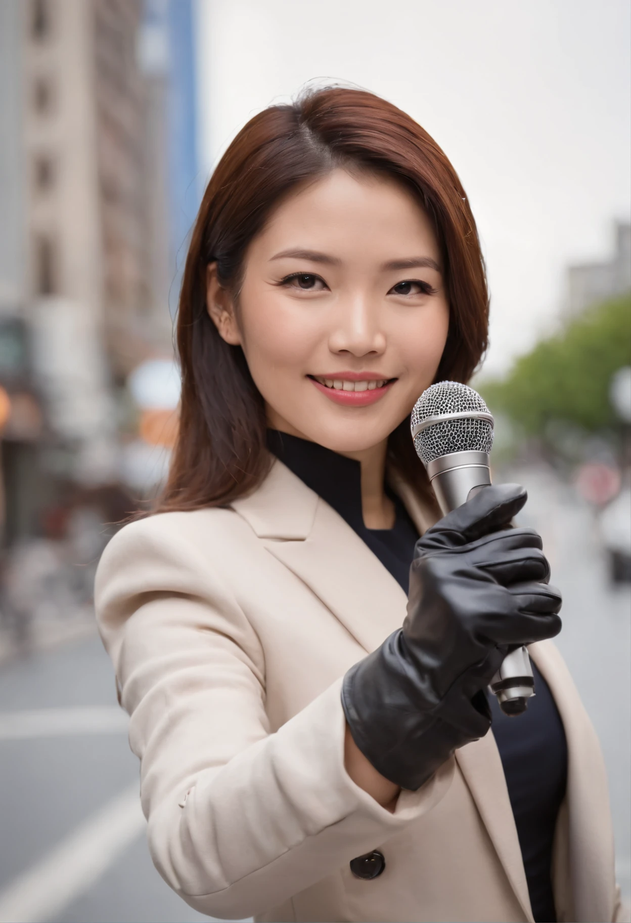 Japanese female newscaster in a sexy suit and black leather gloves, pointing the microphone at me with a smile on the street