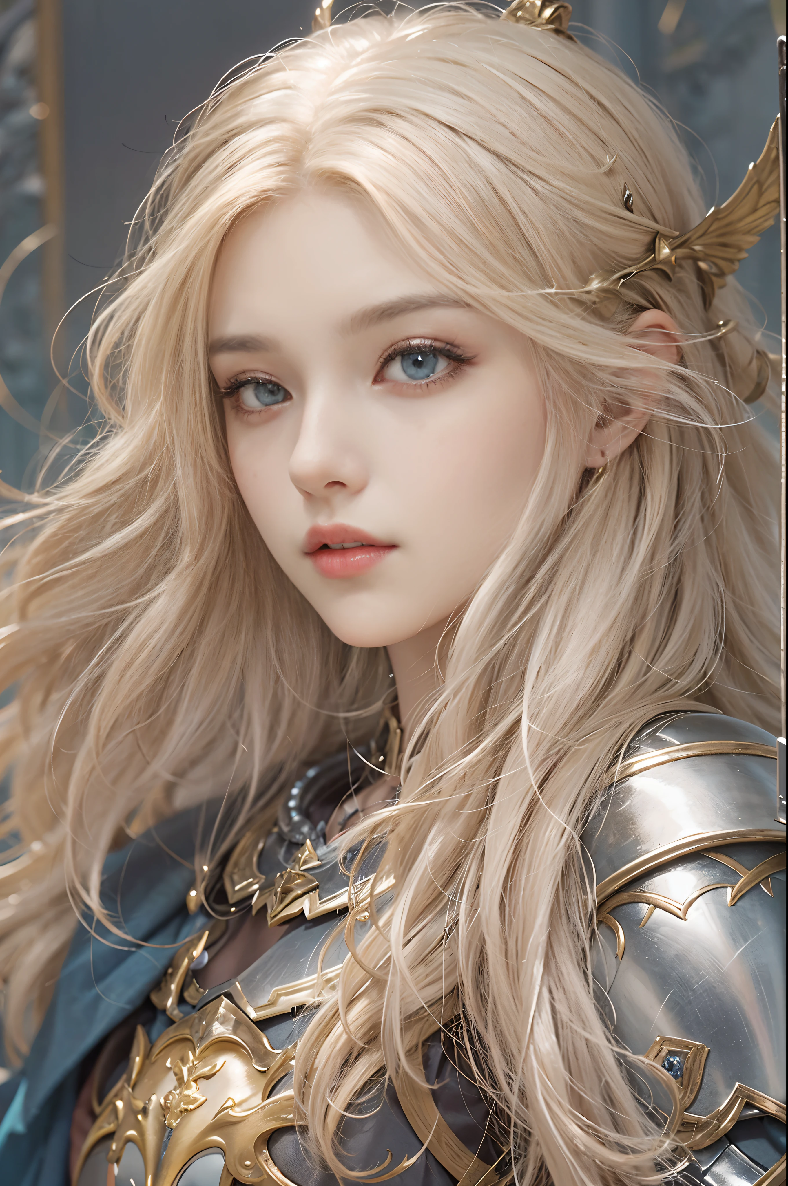 bright look、ponytale、young, sparkling, White and radiant skin、Best Look、The reflection of blonde hair、Platinum blonde hair with dazzling highlights、shiny light hair,、Super Long Silk Straight Hair、Radiant beautiful bangs、Radiant clear attractive big blue eyes、Very beautiful, dashing, Cute 16 year old girl、Lush bust,Beautiful detailed eyes, Beautiful detailed nose,(( s whole body:1.25)),Makeup emphasizes the eyes、((pleated skirt:1.3)),(Women like Joan of Arc:1.3)、(S armor:1.3)、knightage, (Equipped with a sword and shield:1.2)，Royal style，comic style, , Sub-surface scattering, Dazzling detail, Natural background, A hyper-realistic, films, with dramatic lighting, masutepiece、(Decorative armor)、(Wearing an aura:1.5)、CIRCLET、((Princess Knights))、Frild、