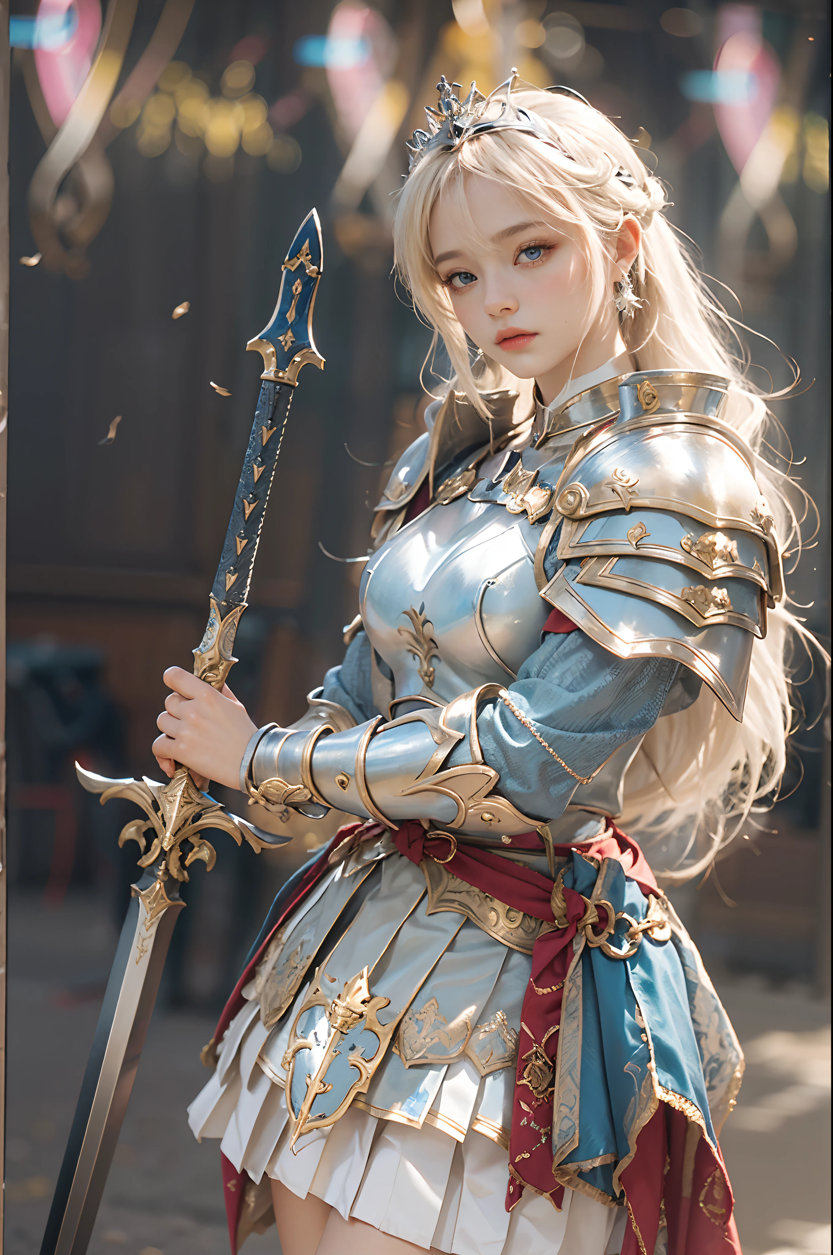 bright look、ponytale、young, sparkling, White and radiant skin、Best Look、The reflection of blonde hair、Platinum blonde hair with dazzling highlights、shiny light hair,、Super Long Silk Straight Hair、Radiant beautiful bangs、Radiant clear attractive big blue eyes、Very beautiful, dashing, girl、Lush bust,Beautiful detailed eyes, Beautiful detailed nose,(( s whole body:1.25)),Makeup emphasizes the eyes、((pleated skirt:1.3)),(Women like Joan of Arc:1.3)、(S armor:1.3)、knightage, (Equipped with a sword and shield:1.2),Royal style,comic style, , Sub-surface scattering, Dazzling detail, Natural background, A hyper-realistic, films, with dramatic lighting, masutepiece、(Decorative armor)、(Wearing an aura:1.5)、CIRCLET、((Princess Knights))、Frild、