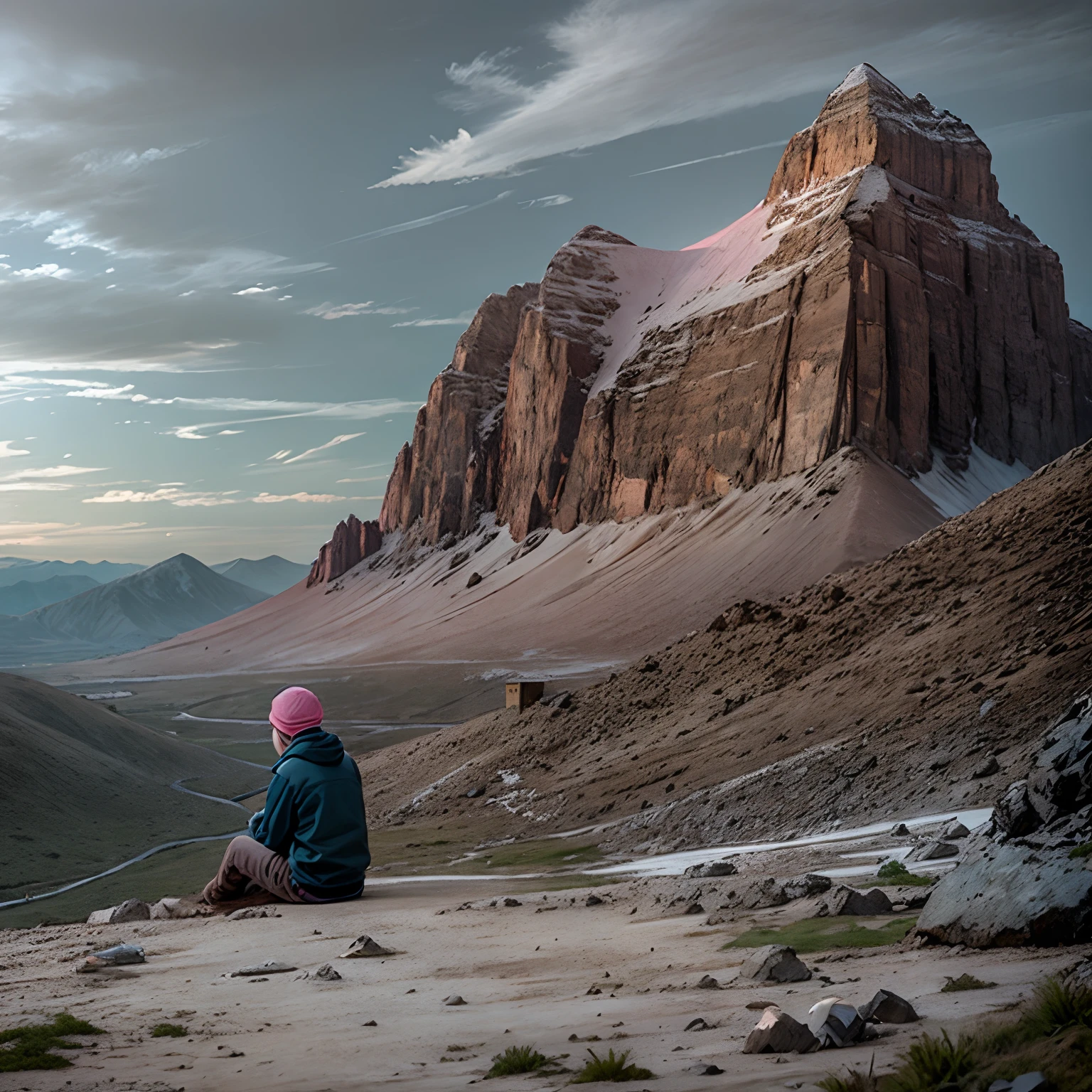 Pink cloudy sky behind a mountain where a boy sitting in a stone