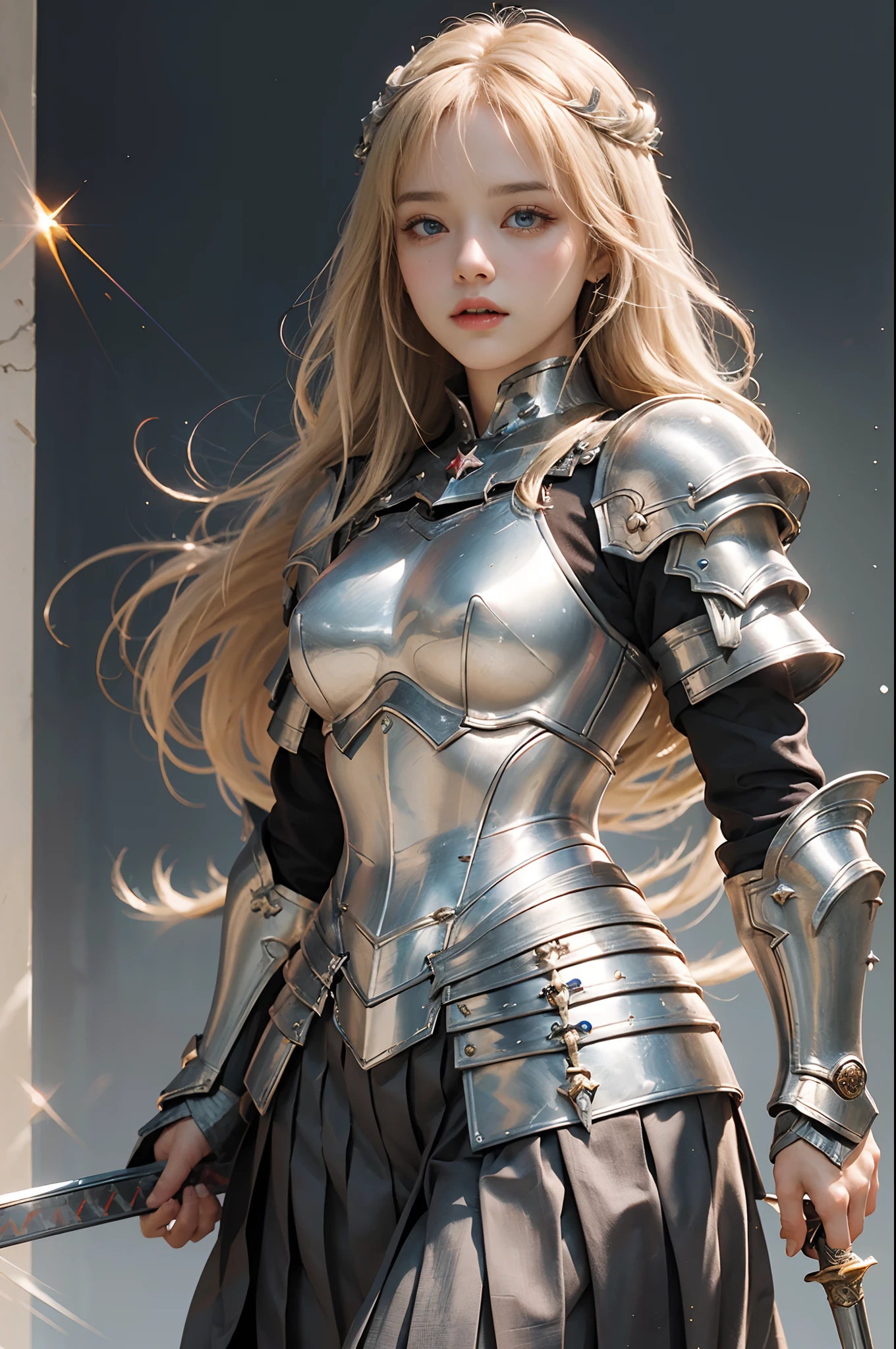 bright look、ponytale、young, sparkling, White and radiant skin、Best Look、The reflection of blonde hair、Platinum blonde hair with dazzling highlights、shiny light hair,、Super Long Silk Straight Hair、Radiant beautiful bangs、Radiant clear attractive big blue eyes、Very beautiful, dashing, Cute 16 year old girl、Lush bust,Beautiful detailed eyes, Beautiful detailed nose,(( s whole body:1.25)),Makeup emphasizes the eyes、((pleated skirt:1.3)),(Women like Joan of Arc:1.3)、(S armor:1.3)、knightage, (Equipped with a sword and shield:1.2),Royal style,comic style, , Sub-surface scattering, Dazzling detail, Natural background, A hyper-realistic, films, with dramatic lighting, masutepiece、(Decorative armor)、(Wearing an aura:1.5)、CIRCLET、((Princess Knights))、Frild、