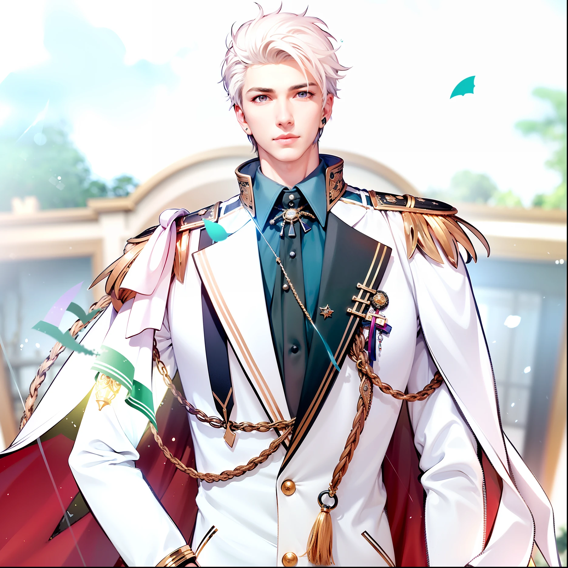 masculine male, masterpiece, ((perfect eyes)) best quality, (semirealism:1.9), beautiful lighting, (extremely detailed CG unity 4k fhd wallpaper), High Detail, Sharp focus, dramatic outdoors, 1 boy ,19 years old, white hair, light purpel eyes, smile.