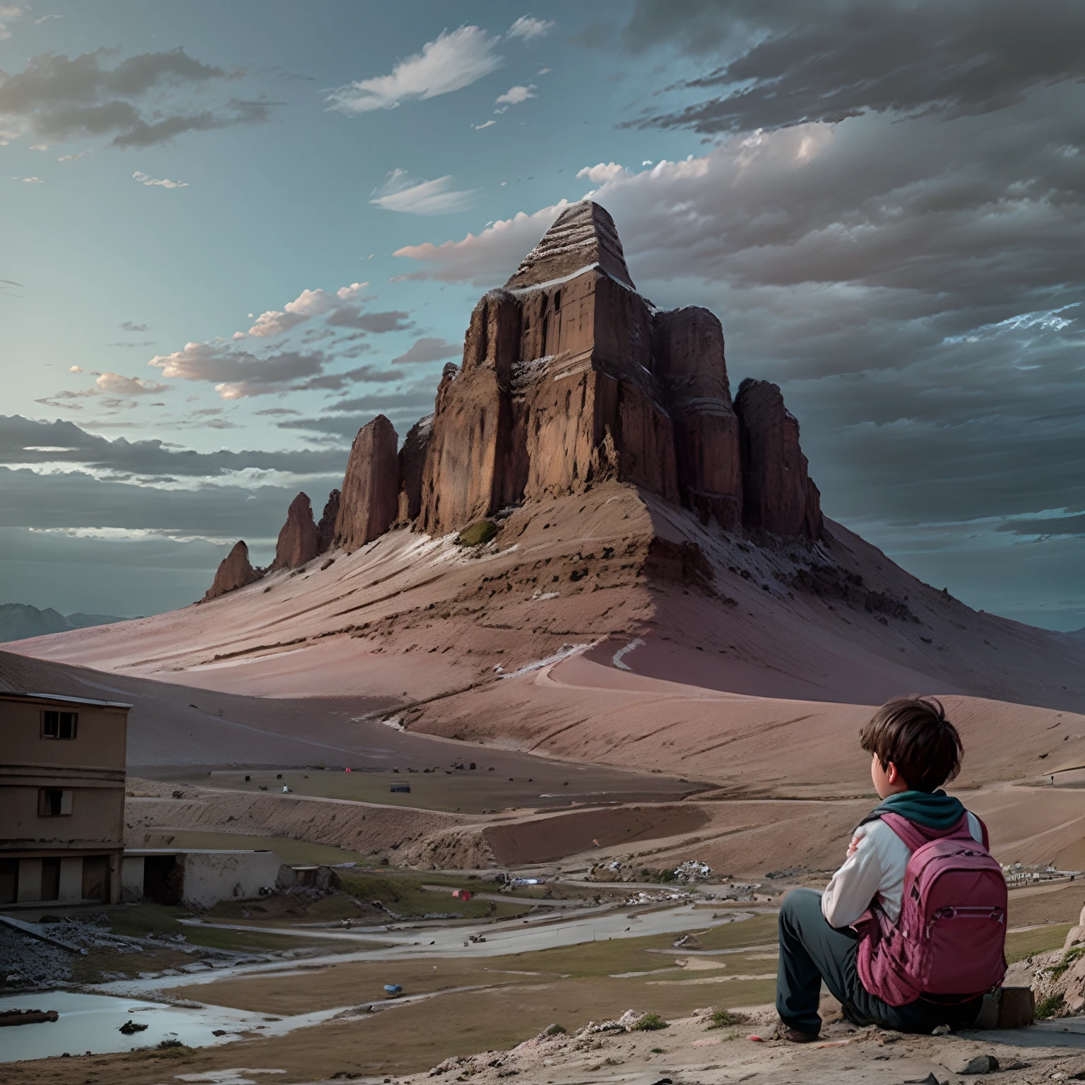 Pink cloudy sky behind a mountain where a boy sitting in a stone