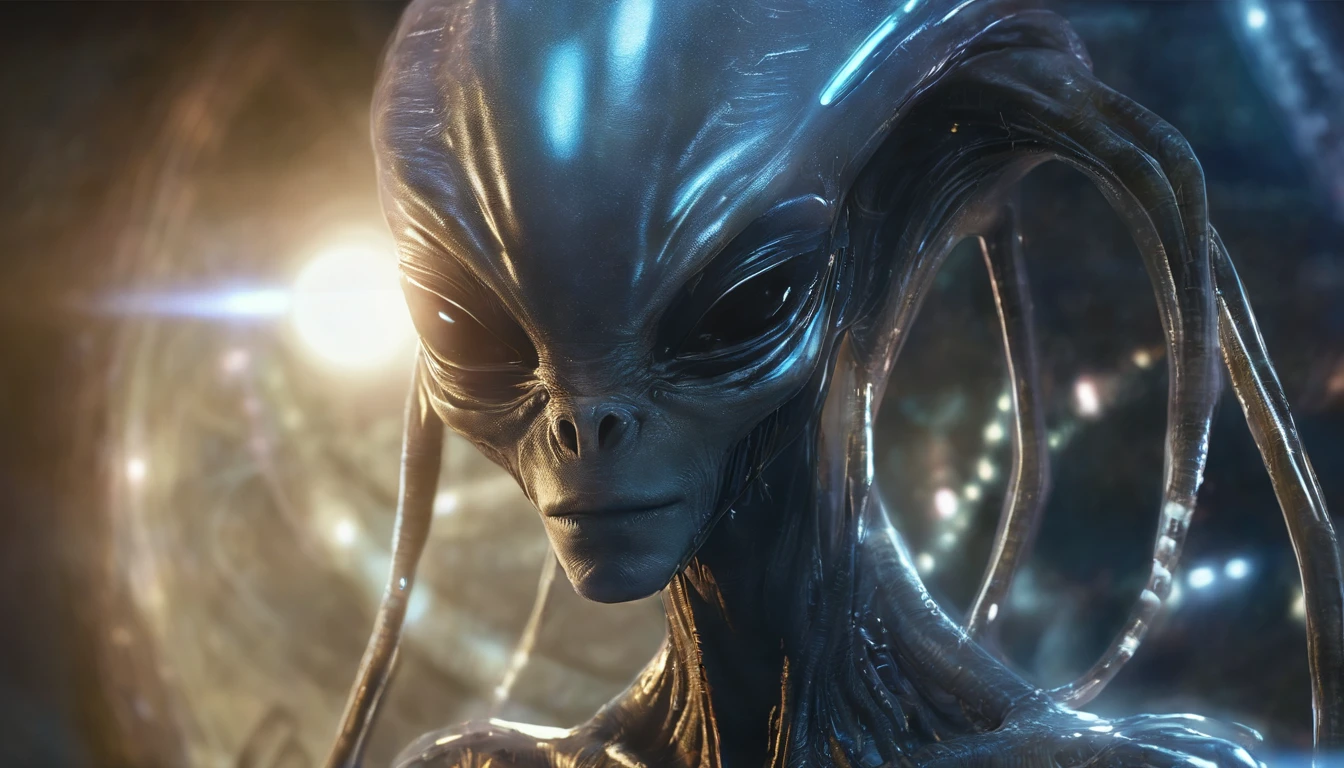 A translucent ethereal alien with delicate facial features in a sci-fi setting, glowing from within, moon light, luna, a closeup of a, Realistic, Highly detailed, Intricate
