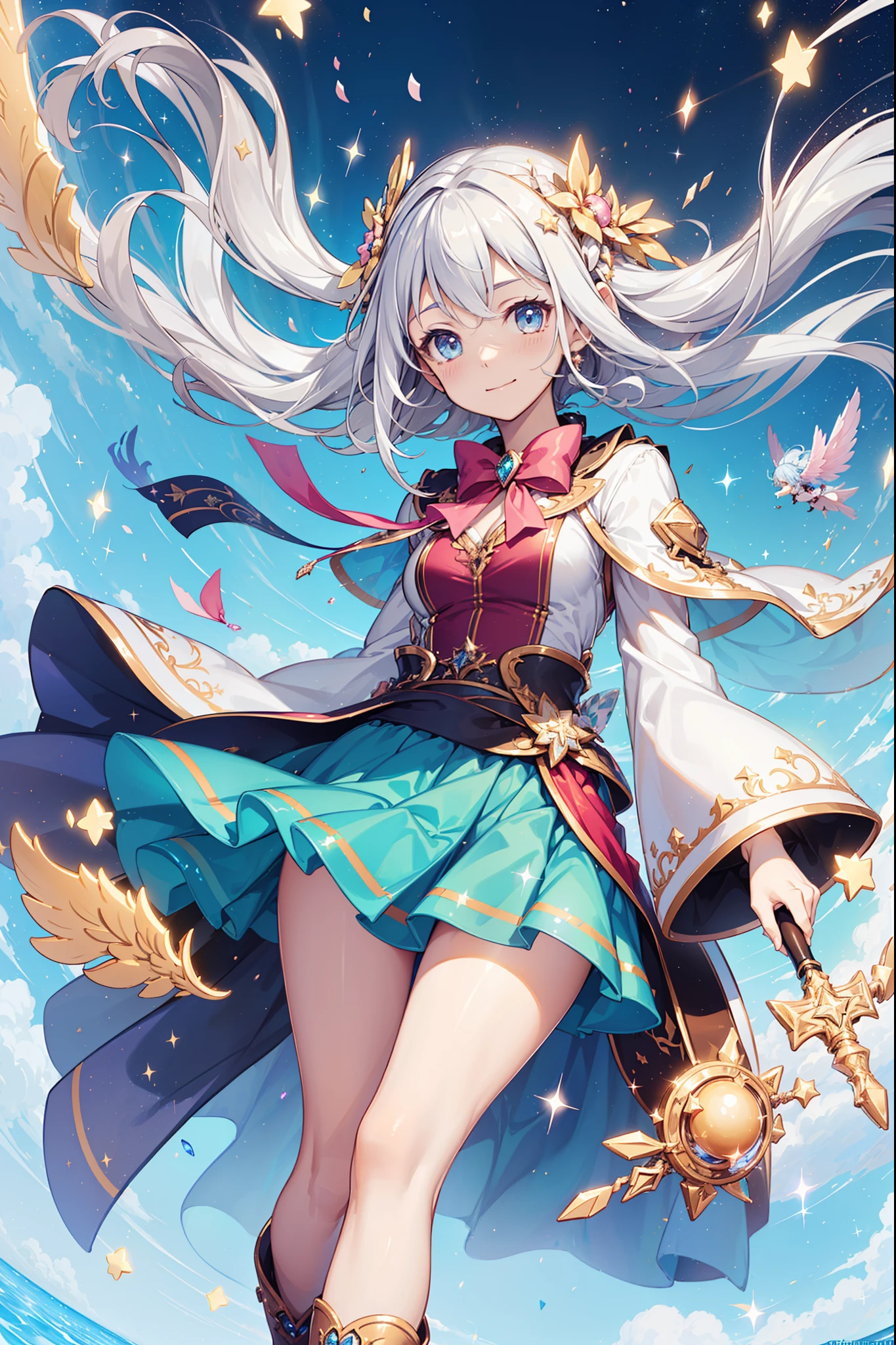 ((magical girl)), ((Gorgeous starry sky background)), ((Ultra-detailed)), ((Best Illustration)), ((Cinematic lighting)), Dynamic Angle, Floating, finely detailed,(Transparent outer skirt and streamers:1.1), (glitters:1.2), (Sparkle:1.2), (Shine:1.2), (Best quality), (Masterpiece:1.2), (Anime style), (Solo), Beautiful detailed face, (Cute face:1.3), Colorful hair, (Long hair:1.2), (Floating hair:1.2), (magical girl outfit), detailed outfits, (Sparkling wand:1.3), (Magical effect:1.3), (Flowing skirt:1.2), (Cute boots:1.1), (Transparent fabric:1.1), (Twinkle:1.2), (Glow:1.2), (Radiance:1.2), (Flicker:1.2), (Dazzle:1.2),(Love effects:1.2),Pink white tones,