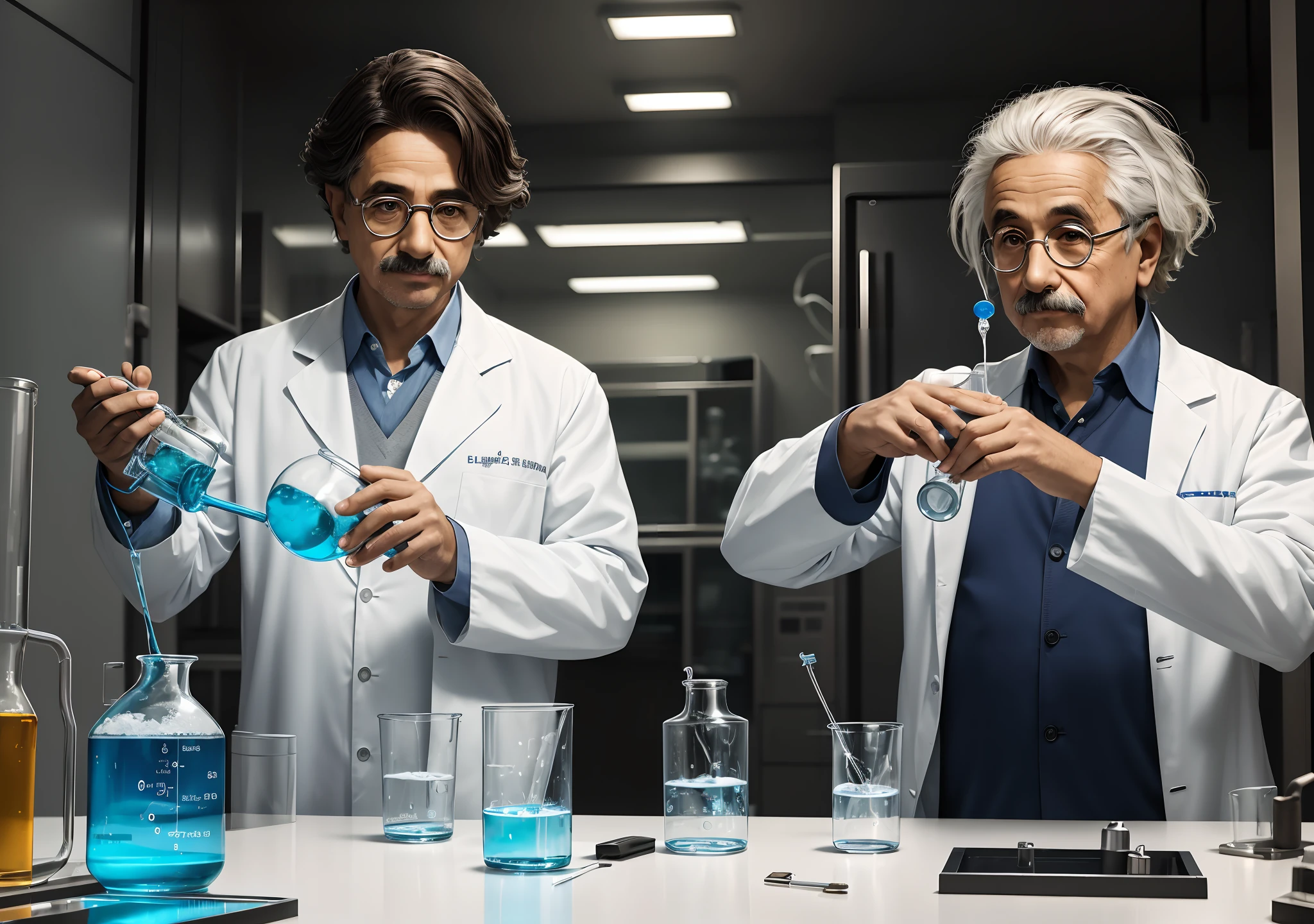 Um cientista senhor, estilo Albert Einstein, with lab coat and carefully pouring a liquid from a glass into a container. Ao fundo, Various scientific instruments and equipment can be found. The scientist is focused on his work, neutralizing a dangerous chemical agent. The scene represents the important role of chemical engineering in the safe and responsible disposal of hazardous materials, realista, 4k