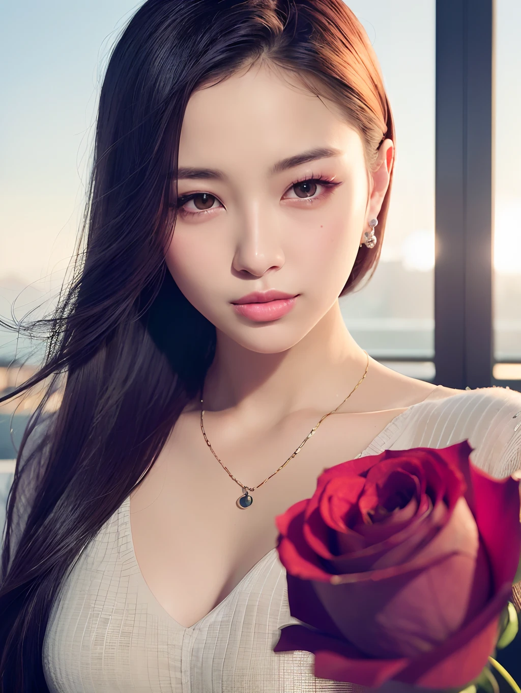 (8k, RAW photo, photorealistic:1.25) ,( lipgloss, eyelashes, gloss-face, glossy skin, best quality, ultra highres, depth of field, chromatic aberration, caustics, Broad lighting, natural shading,Kpop idol) looking at viewer with a serene and goddess-like happiness, a young man holding a rose before a lady