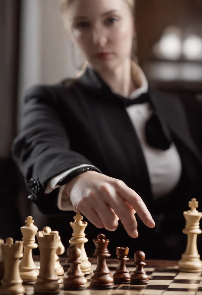 A woman's hand with black leather gloves on the sleeves of a black suit up to a shirt, pointing to a chess piece