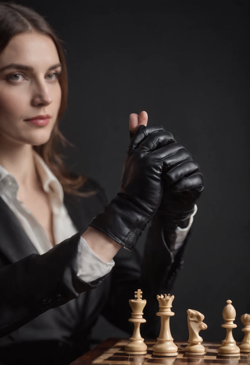 A woman's hand with black leather gloves on the sleeves of a black suit up to a shirt, pointing to a chess piece