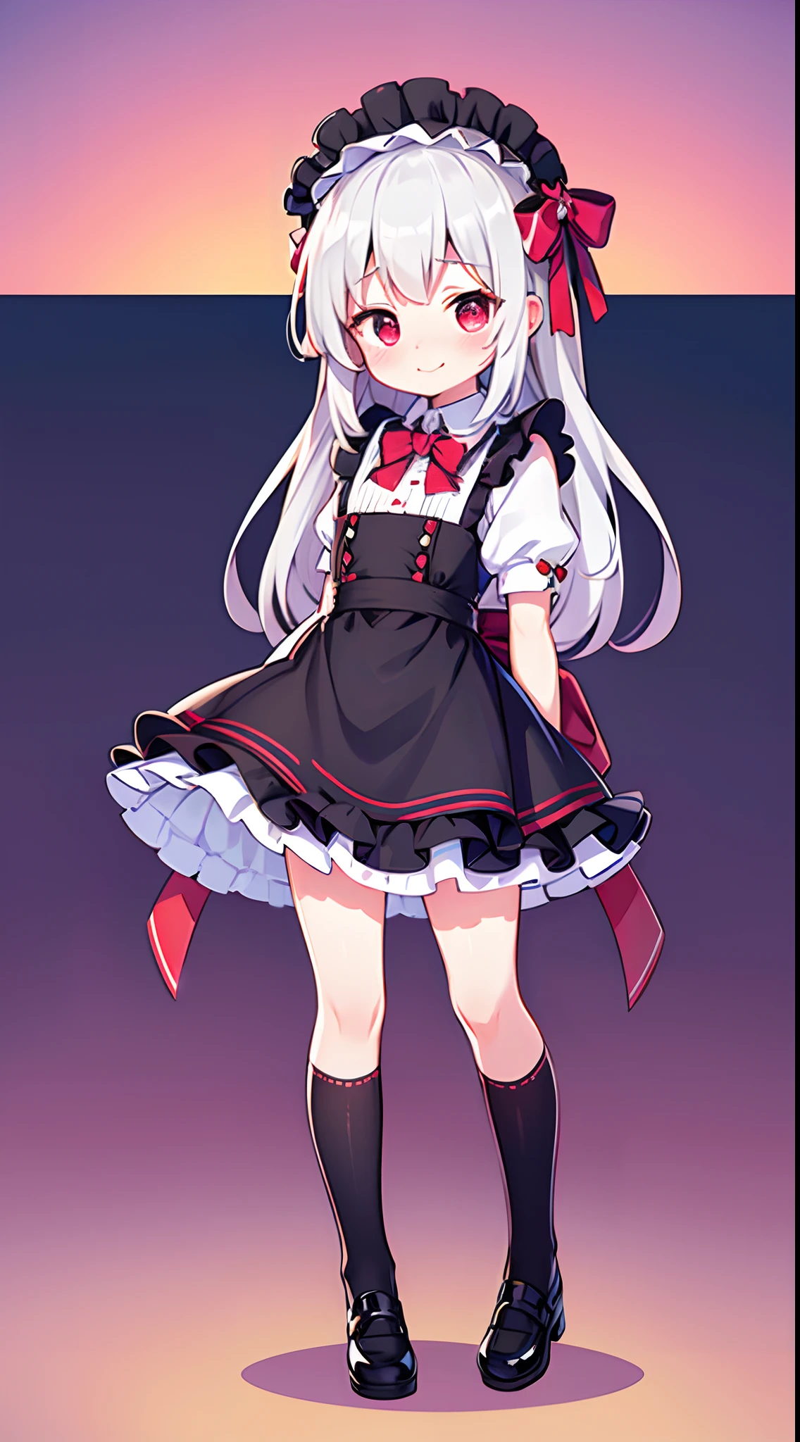 8K picture quality，silber hair,Red-eyed girl,cute little ,Long hair,Heartwarming,a miniskirt,****ta,A smile,Thumbnail styles，maid clothes，fluffly，full body Esbian,Embarrassed expression,pink sky background,is standing,cute background