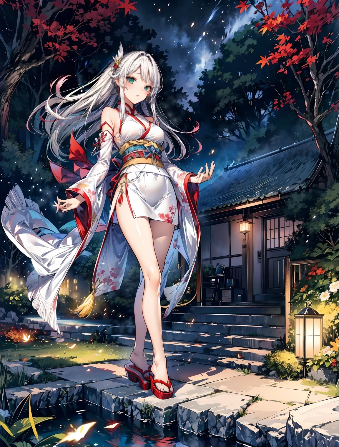 (Landscape photo with a woman in the small corner:1.5, autumn:1.5, Japanese pampas grass:1.2), Masterpiece, best quality, (very detailed CG unity 8k wallpaper), (best quality), (best illustration), (best shadows), luminous sprite, mountain stream, (ancient Chinese architecture), natural elements in a grassland theme. Night Mysterious field, beautiful night grassland, stone steps, stone bridge, night nature surrounded by night flowers, leaves and red branches surrounded by fireflies (natural elements), (night blackout), (night dark sky), (night grassland theme), (red glowing grass), (leaves), (branches), (red fireflies), (particle effects), 3D, dark background, Octane rendering, ray tracing, super detail, night, moon, (ultra high resolution:1.3, 8K RAW photo, photo realistics:1.2, thin outline:1.37), turquoise and deep green medium hair, updo, ((The silver and white clothes is embellished with gold detailed ornaments)), milf, Beautiful matured girl, (fine detailed beautiful eyes), a woman in a white and gold clothes, Anime goddess, a beautiful fantasy goddess, stylish illustration,