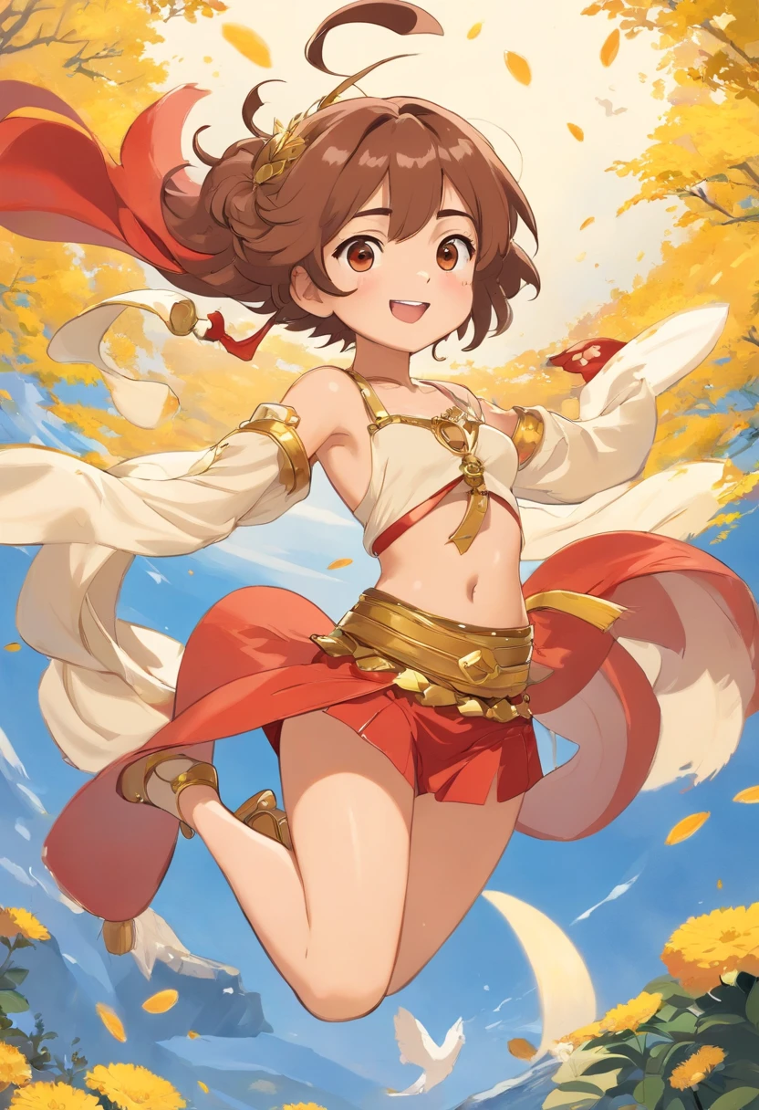 1人の女の子, Angelito, brown leather, curl hair dark brown, cuerpo delgado. vestimenta blanca, top blanco con detalles dorados, bare belly and collarbone, falda larga por debajo de las rodillas, cuerda dorada amarrando la cintura, Bufanda roja en la cintura centrada, corona de espigas doradas, 5 espigas. Boca de gato Chibi, cara feliz, colorete en las mejillas. fondo simple, Artes conceptuales, Character Design. Cuerpo completo