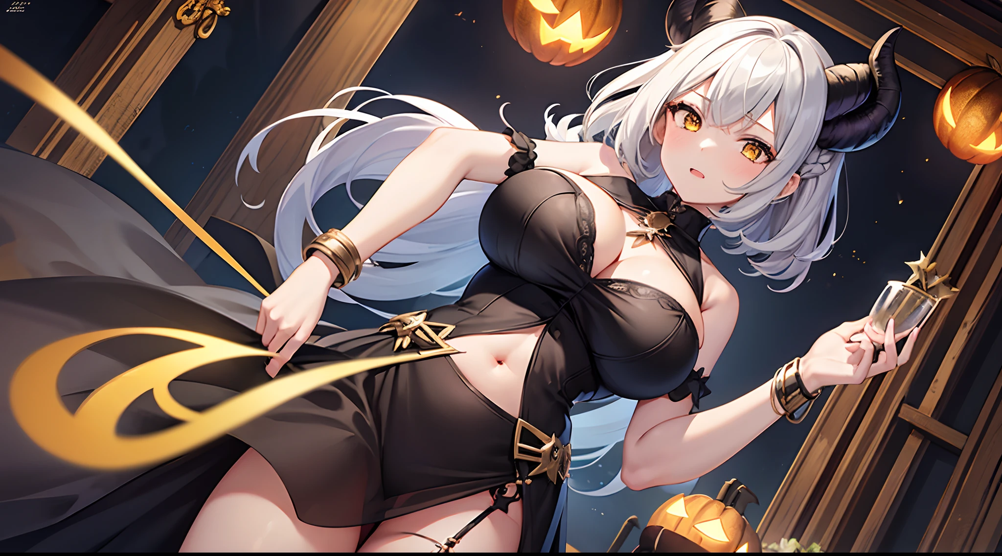 1 girl, game CG, see-through black dress, cleavage visible, navel visible, black panties, devil's tail, devil's horns, bangles, gigantic breasts, silver hair, short hair, french braid, yellow eyes, Halloween background,