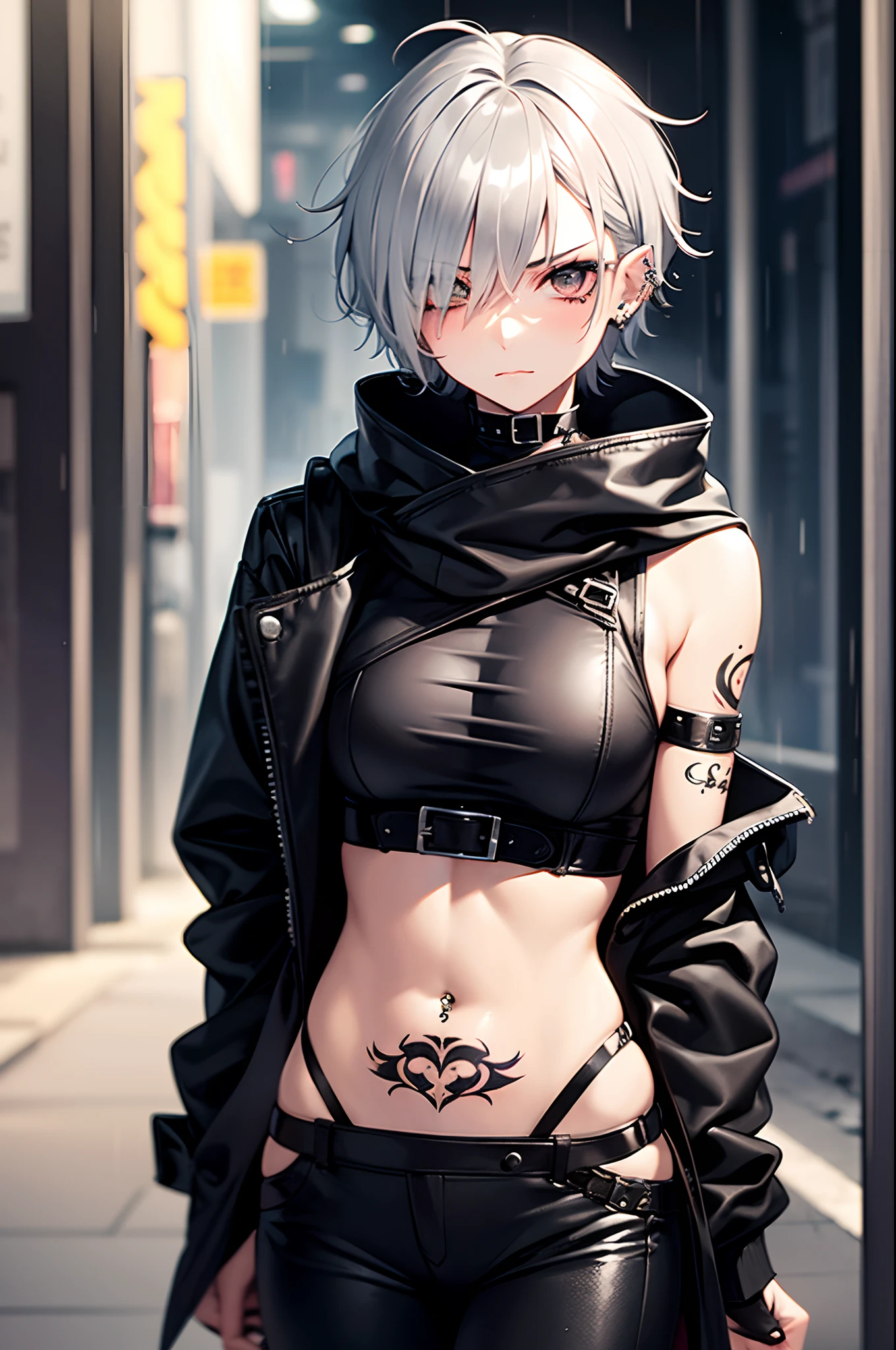 1 girl, tomboy, short silver hair, bangs covering one eye, sharp brown eyes, serious indiferent expression, dangerous, beautiful, villain, night streets, rain, black punk clothes, lots of tatoos and piercings.