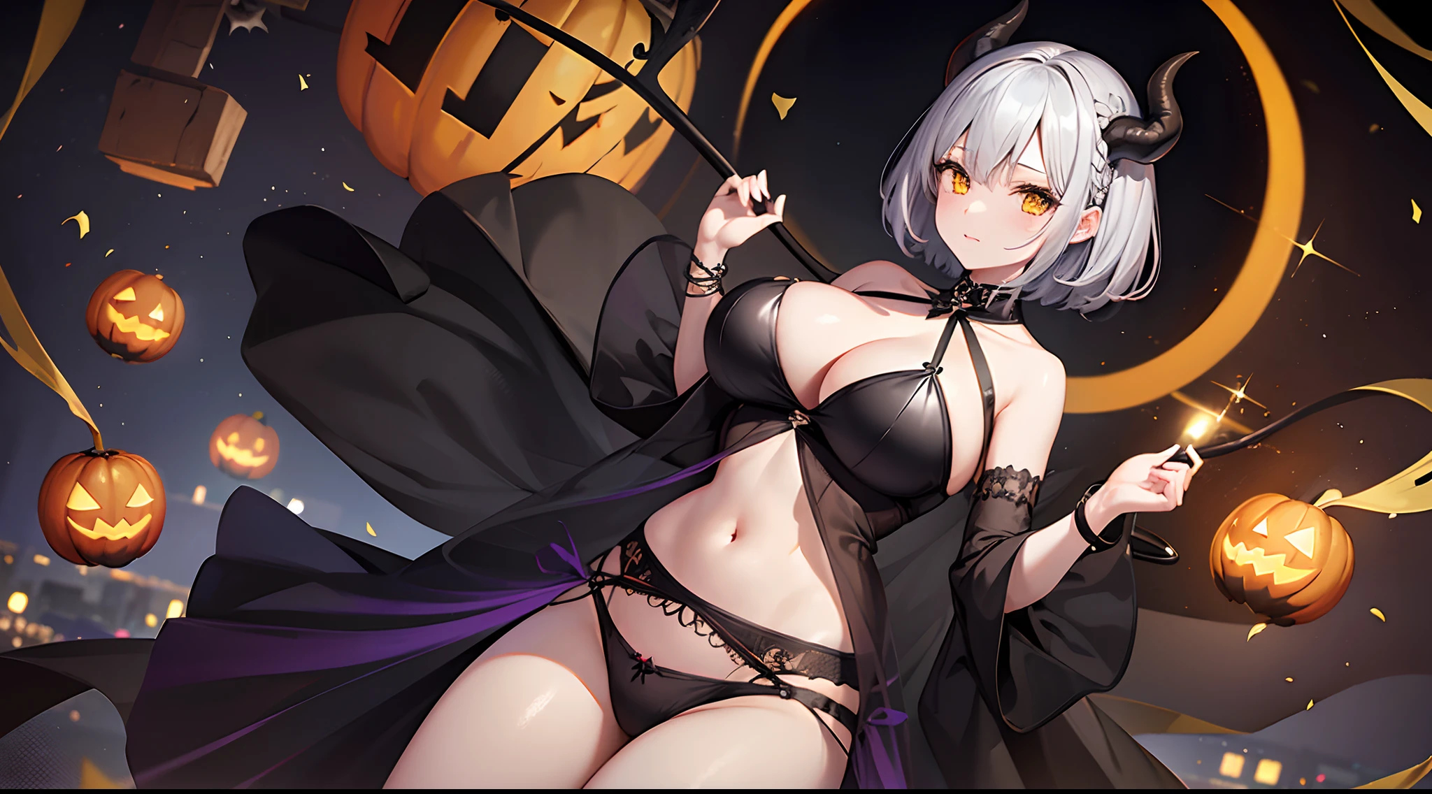 1 girl, game CG, see-through black dress, cleavage visible, navel visible, black panties, devil's tail, devil's horns, bangles, gigantic breasts, silver hair, short hair, french braid, yellow eyes, Halloween background,