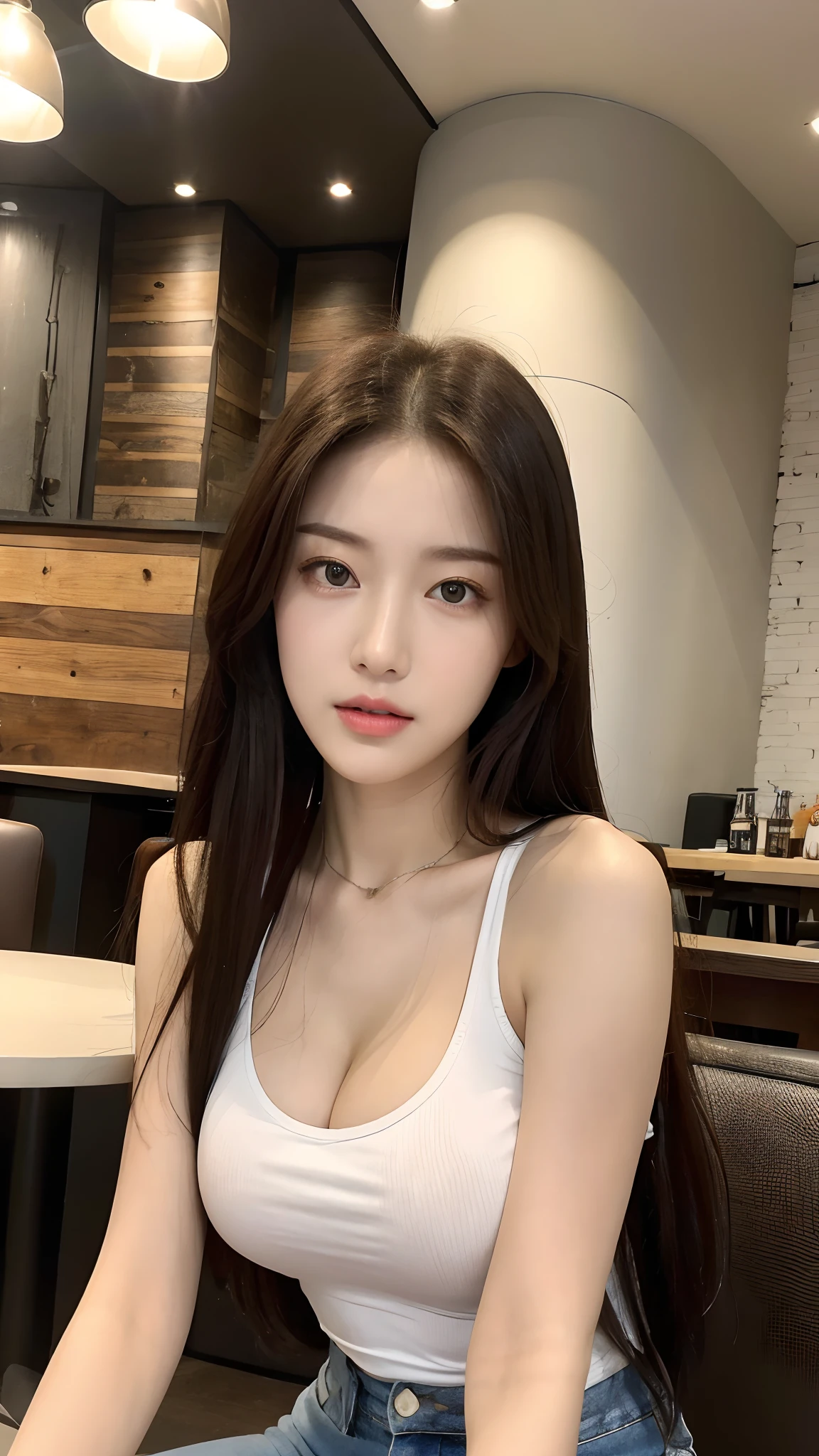 (realistic, high resolution:1.3), 1 girl with perfect figure, super fine face and eyes, long hair, tank top: 1.2 in random colors, short jeans, in a café, coffee on the table, big breasts, exposed cleavage